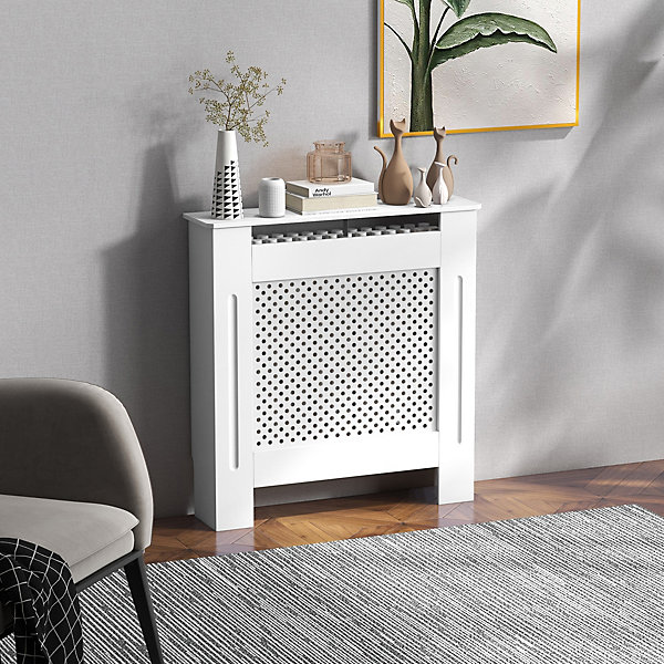 Cache-radiateur design - habillage radiateur motif rond - dim. 78L x 19l x 82H cm - MDF blanc