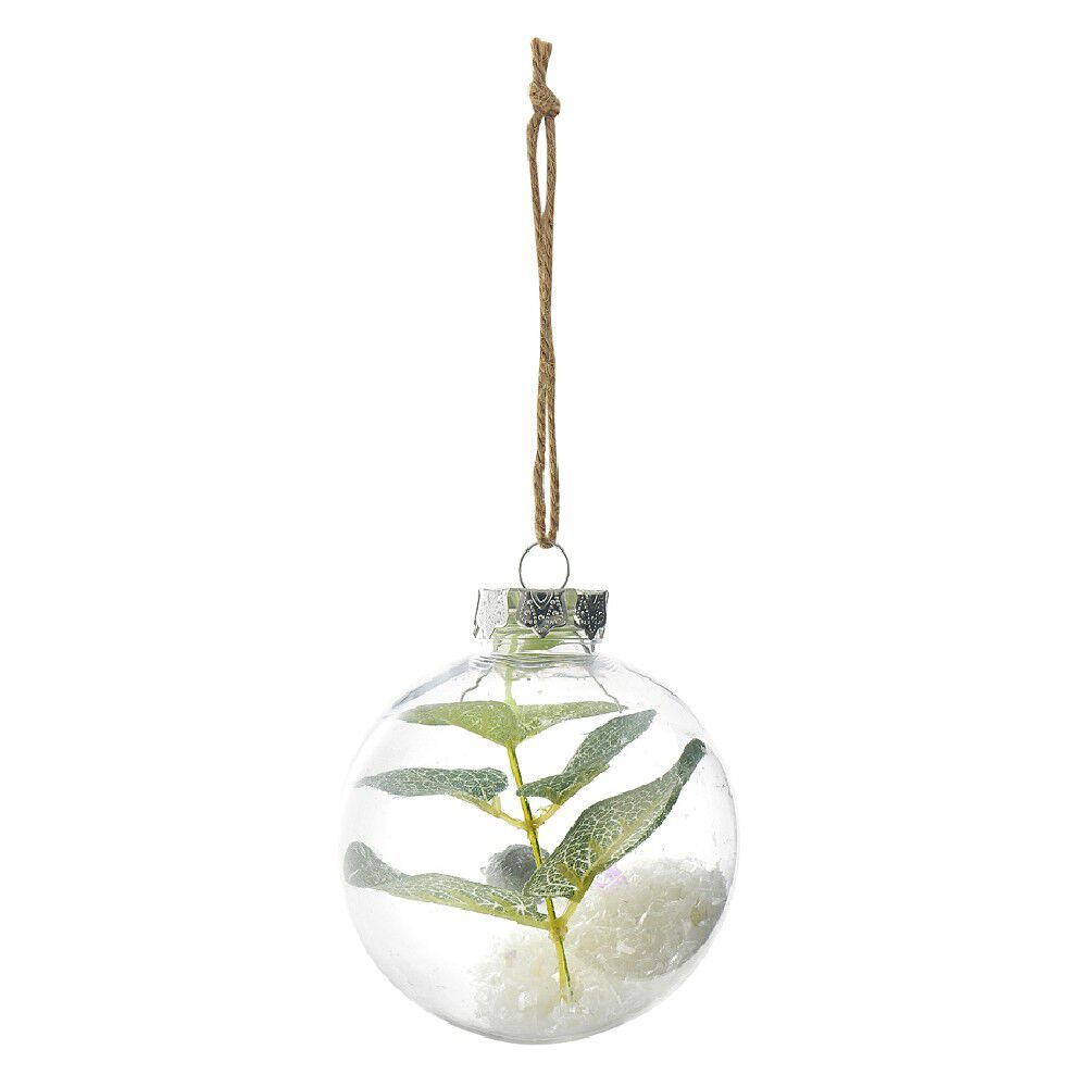 Boule de No&euml;l transparente intérieur feuille et givre vert blanc