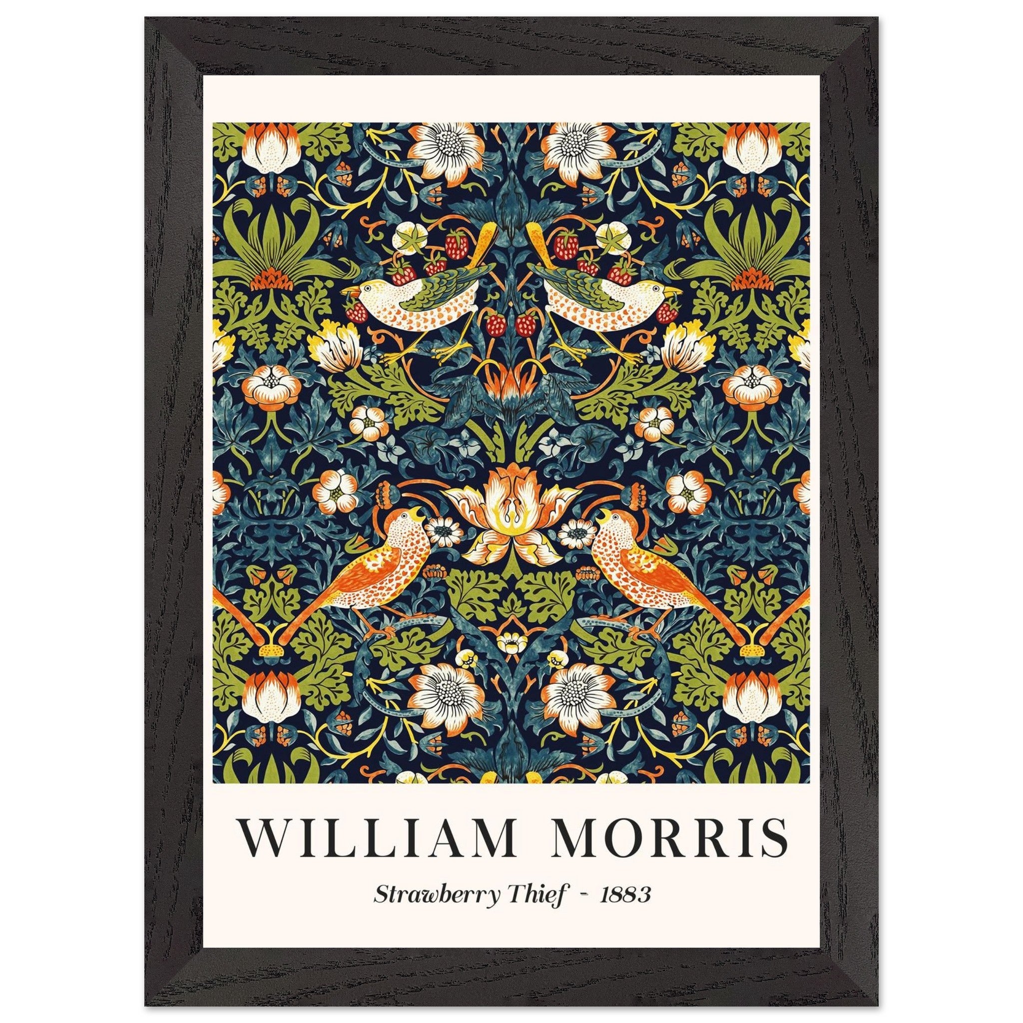 Artfulprints Poster met Lijst William Morris - Strawberry thief  - A4 21x29.7 cm - Donkergroen