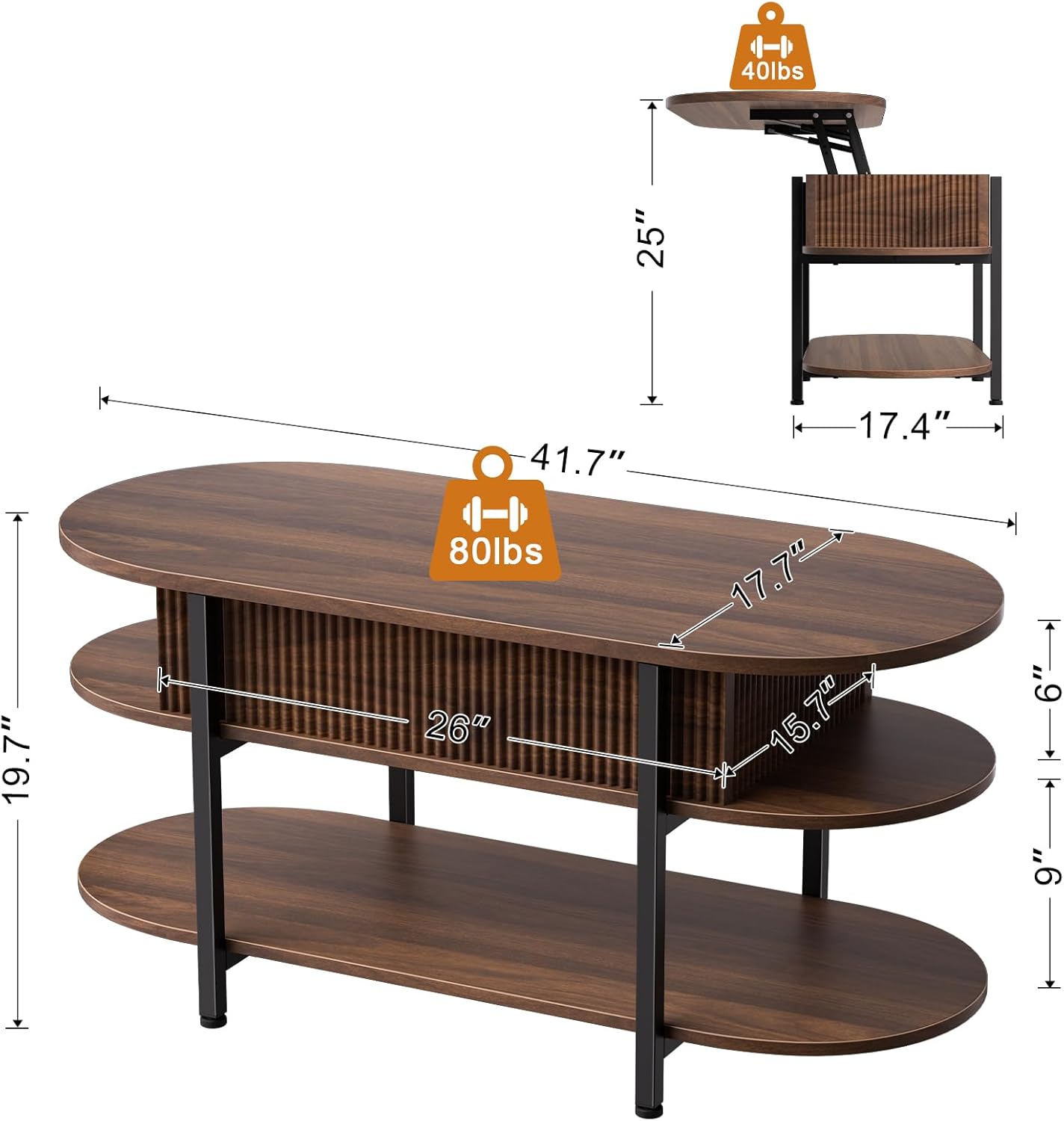 FABATO 41.7 Oval Lift Top Coffee Table, Fluted Wood Center Table with Hidden Storage, 3 Tier Oblong Tables with Curved Edge, Modern Elliptical Coffee Table for Living Room Reception Room, Walnut