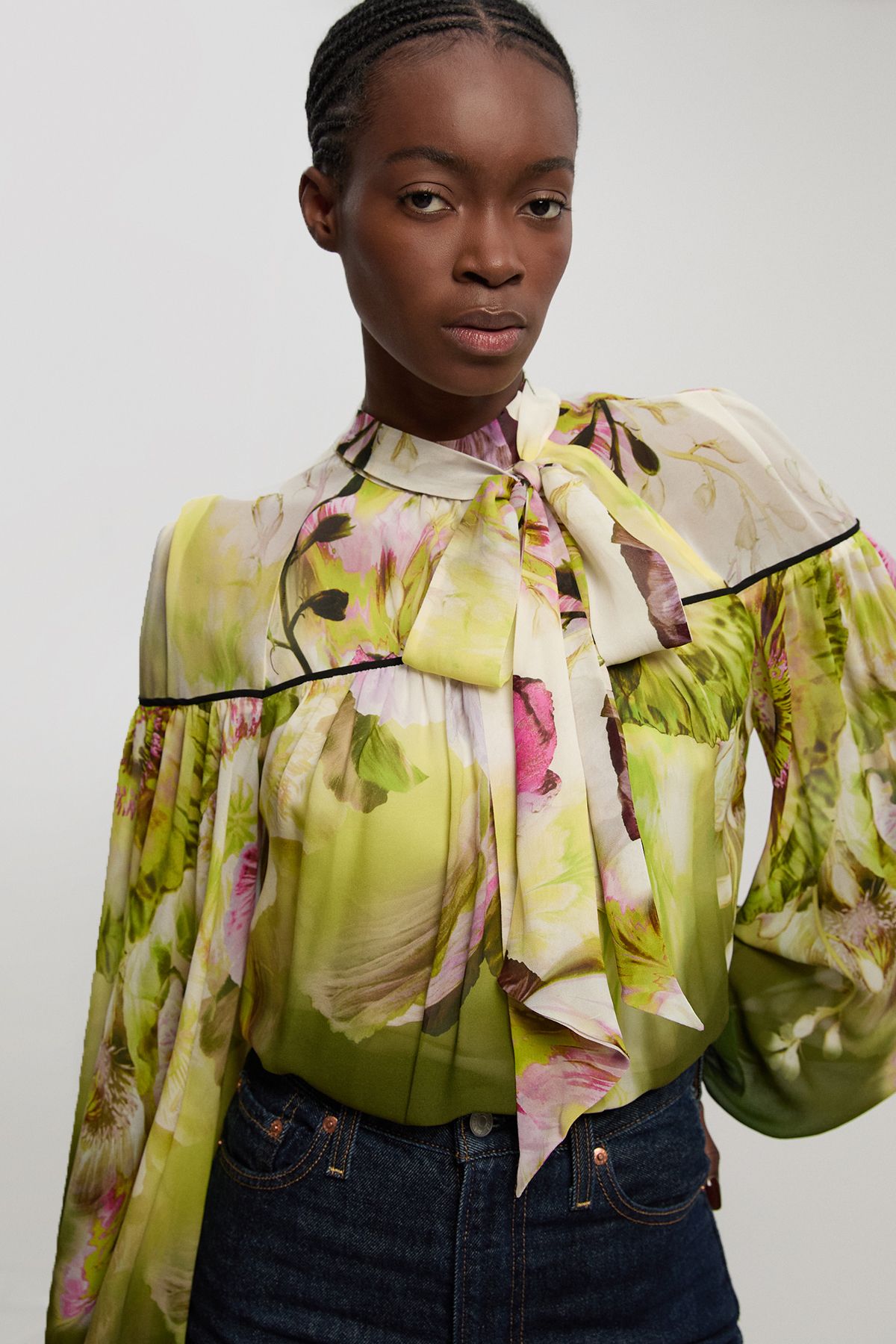 KarenMillen Viscose Floral Print Woven Tie Neck Blouse