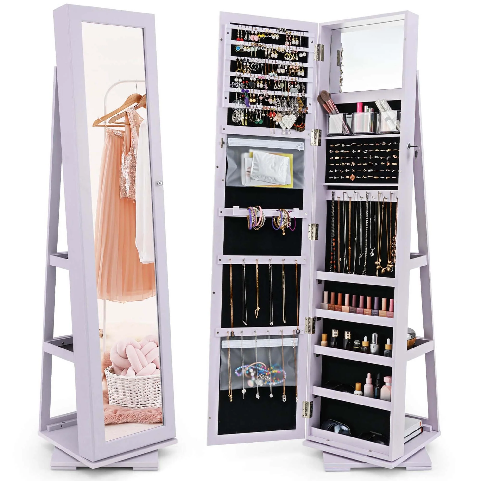 Costway 360degree Rotatable Jewelry Cabinet 2-in-1 Lockable Mirrored - See Details