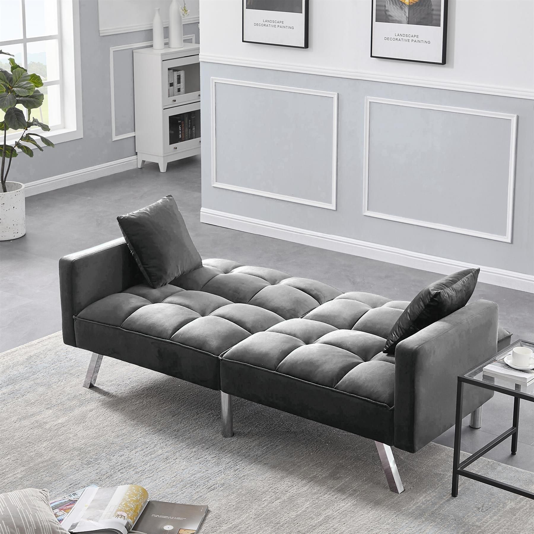KOSY KOALA Sofa Bed 2 Seater Grey Velvet Click Clack Sofa Settee Recliner Couch with Metal Legs with 2 Pillows