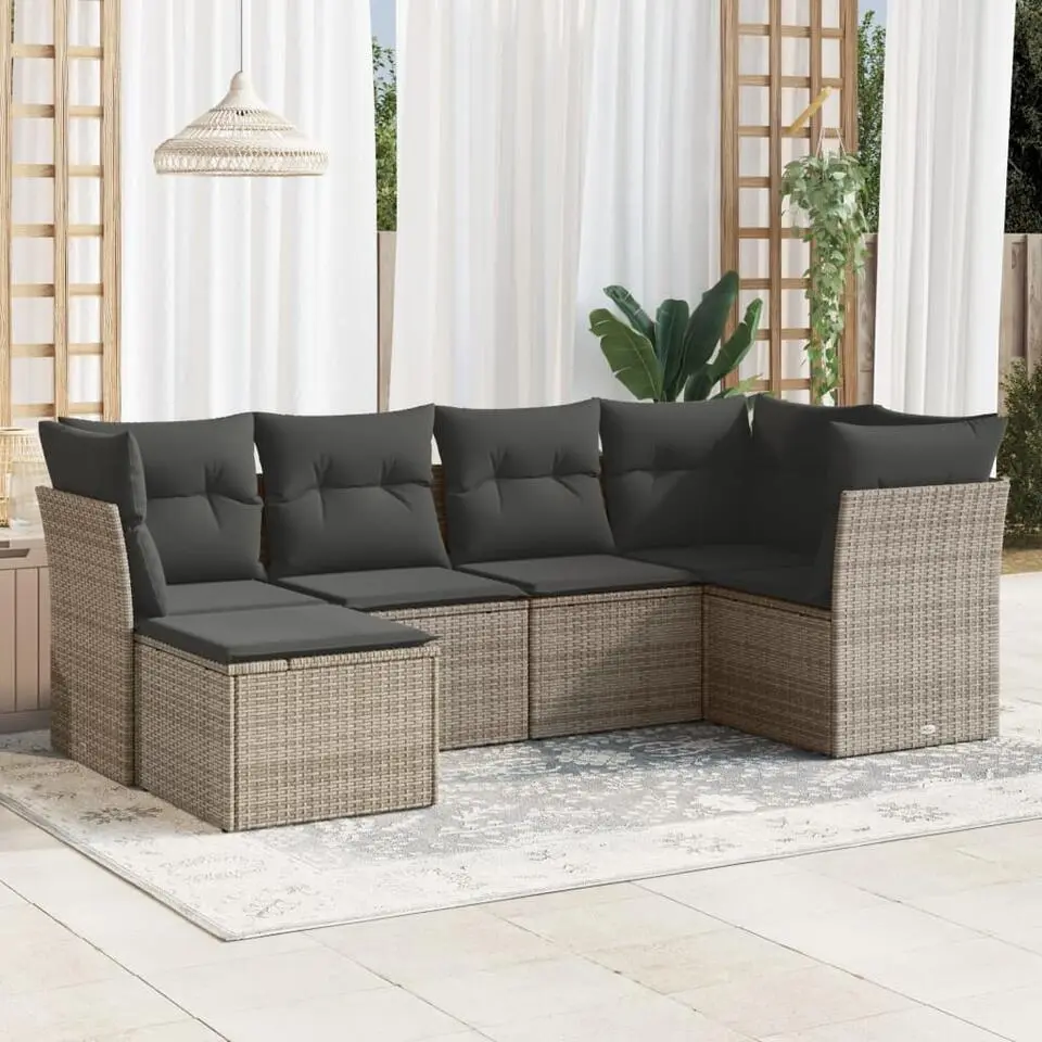 vidaXL 6-delige Loungeset met kussens en kruk - 6 personen - Grijs - Poly Rattan