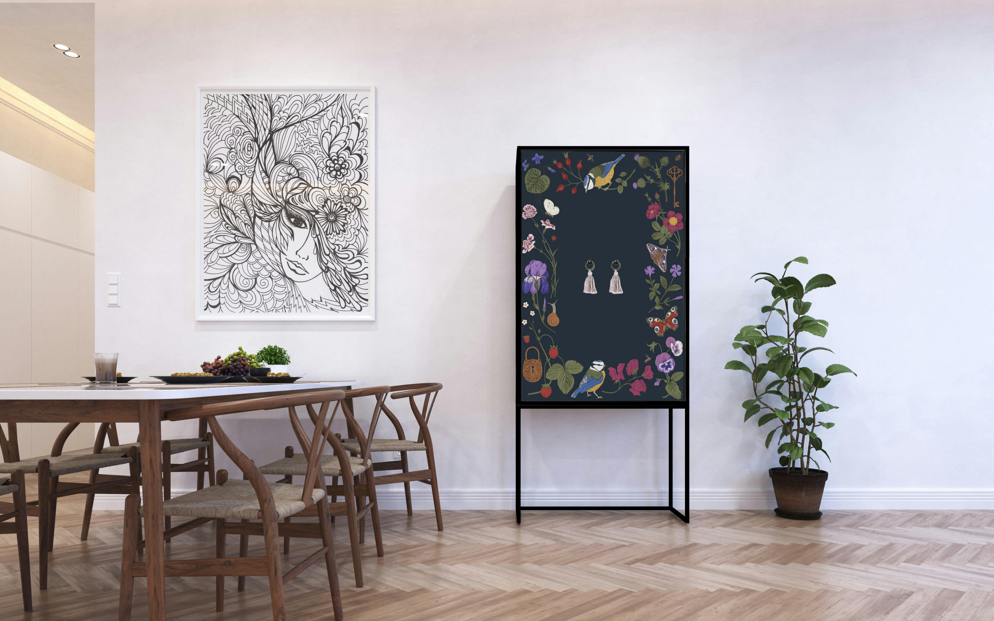 VERA - Buffet armoire 2 portes en MDF imprimé floral vert et mauve