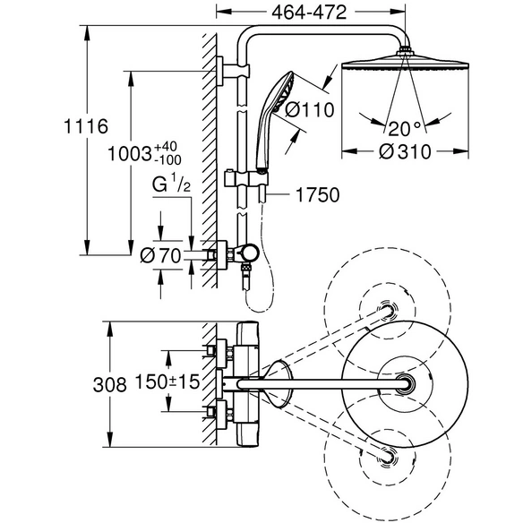 Duschsystem »Vitalio Joy System 310«, 3 Strahlarten, mit Thermostatbatterie, chromfarben