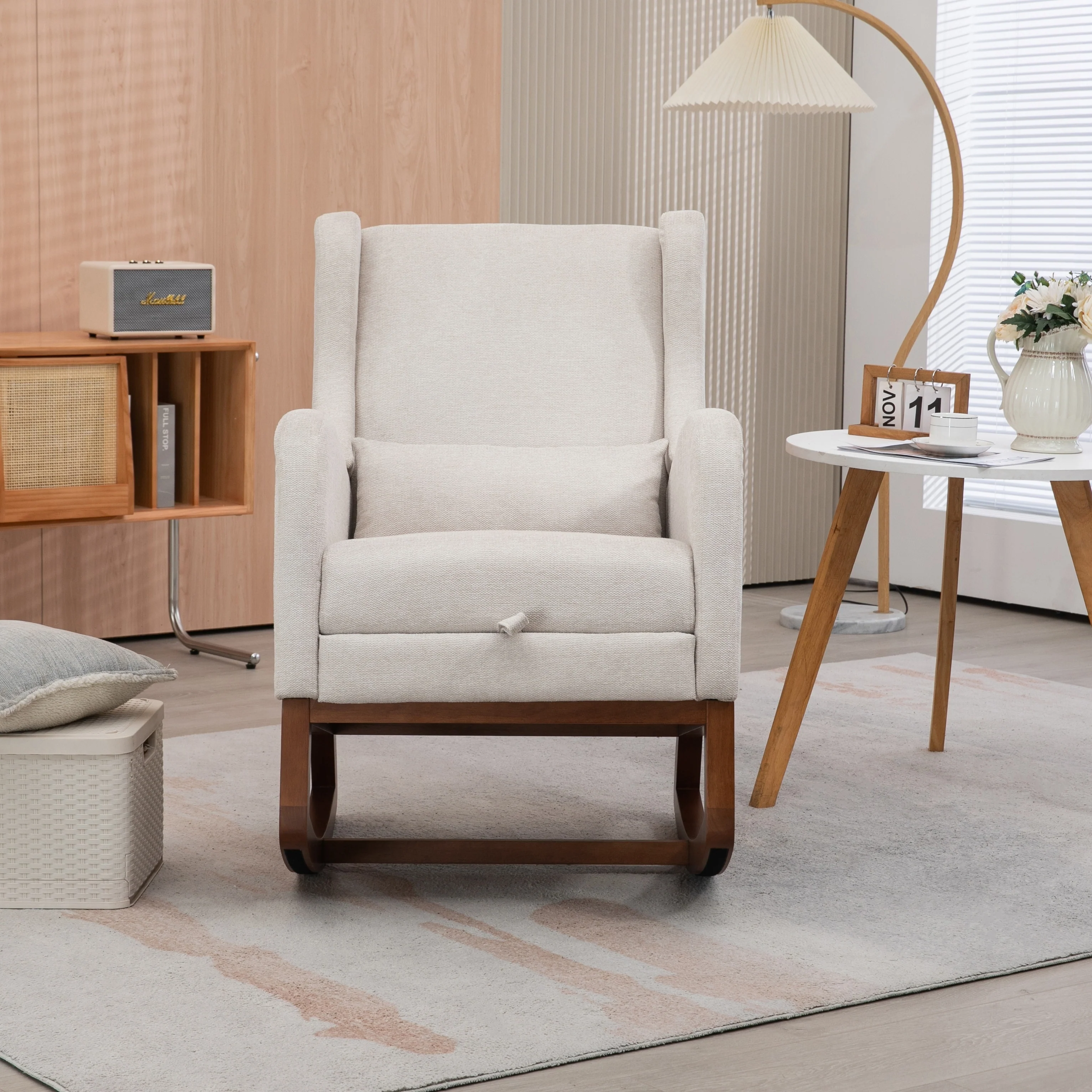 High back Upholstered Accent Rocking Chair Nursery Chair With Retractable Footrest