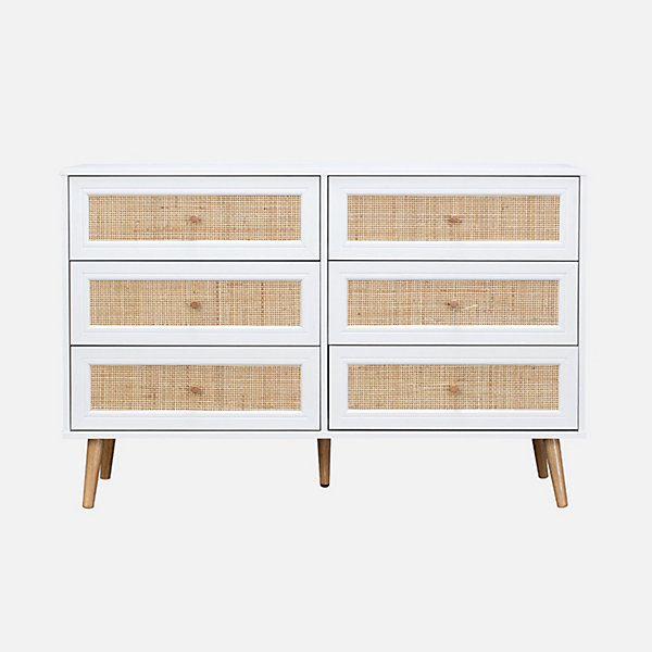 Commode décor bois et cannage 6 tiroirs Bohème. blanc - 120x39x79cm