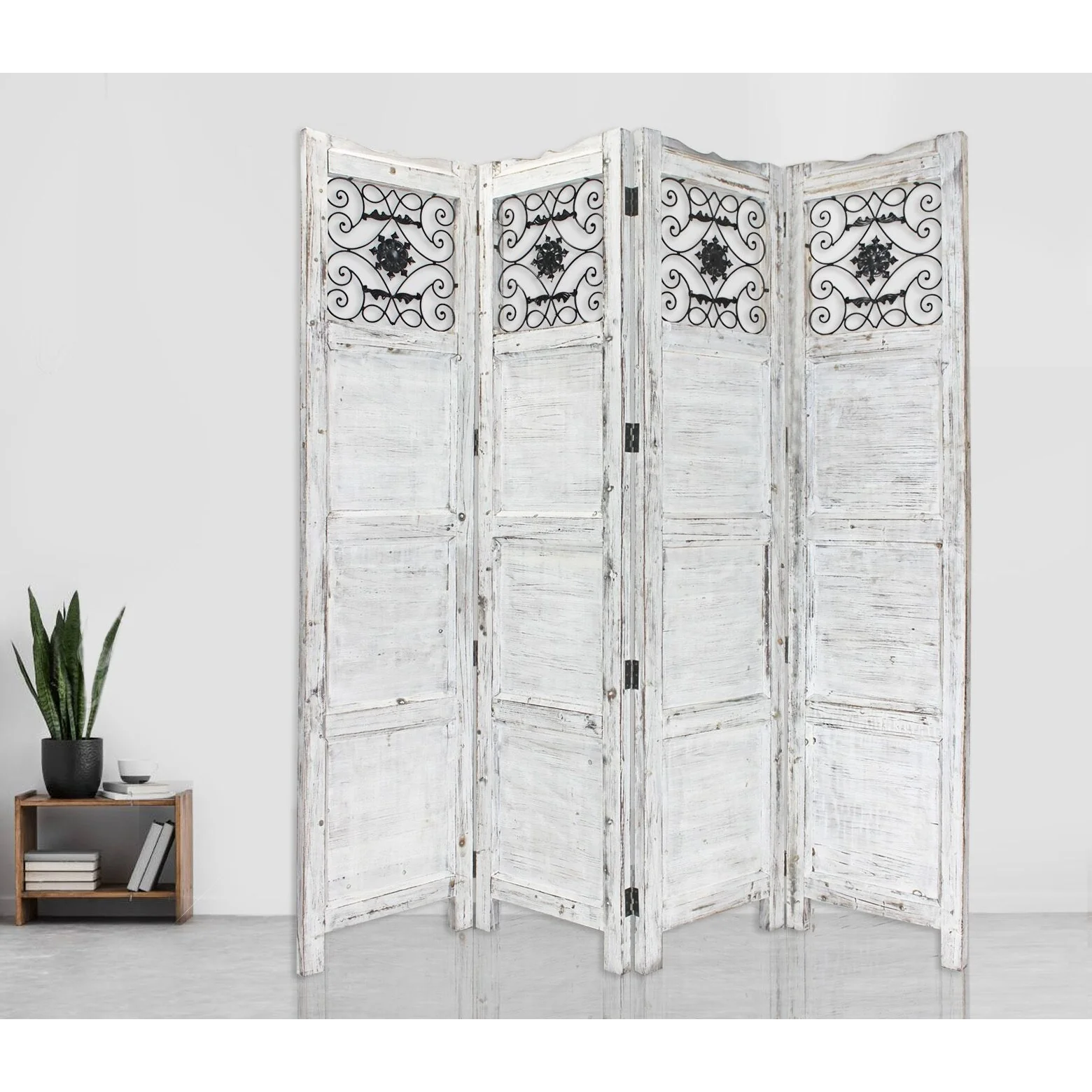 Gray Wash 4 Panel With Scroll Work Room Divider Screen