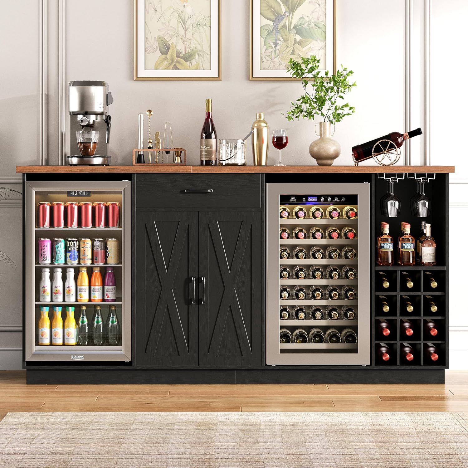 78.74 Large Coffee Bar Cabinet with Fridge Space, Mini Fridge Cabinet with Storage, Liquor Cabinet with Wine Rack Glass Holder Power Outlets for Living Room, Kitchen, Black KTSR003B