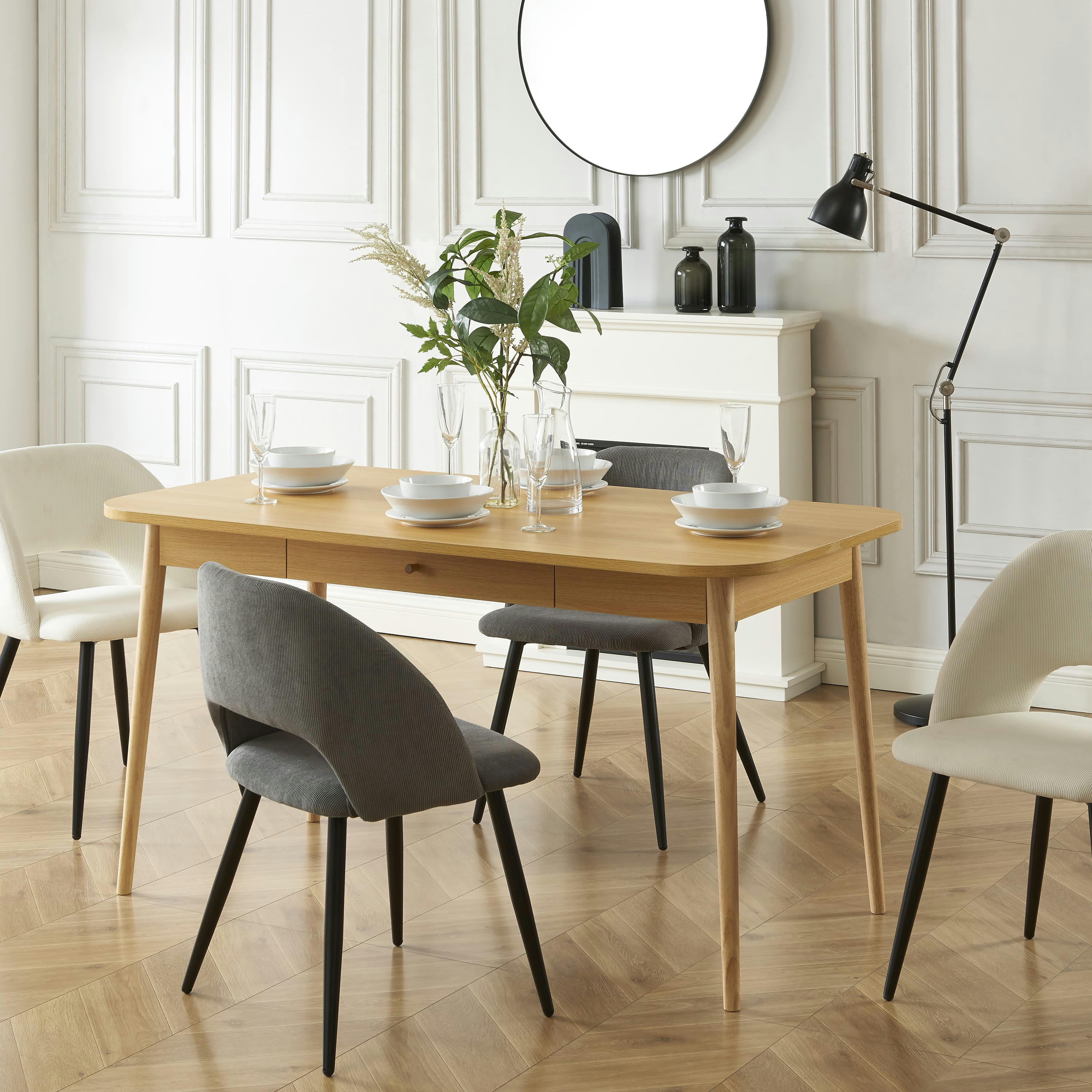 MACARON - Table à manger  effet chêne avec tiroir