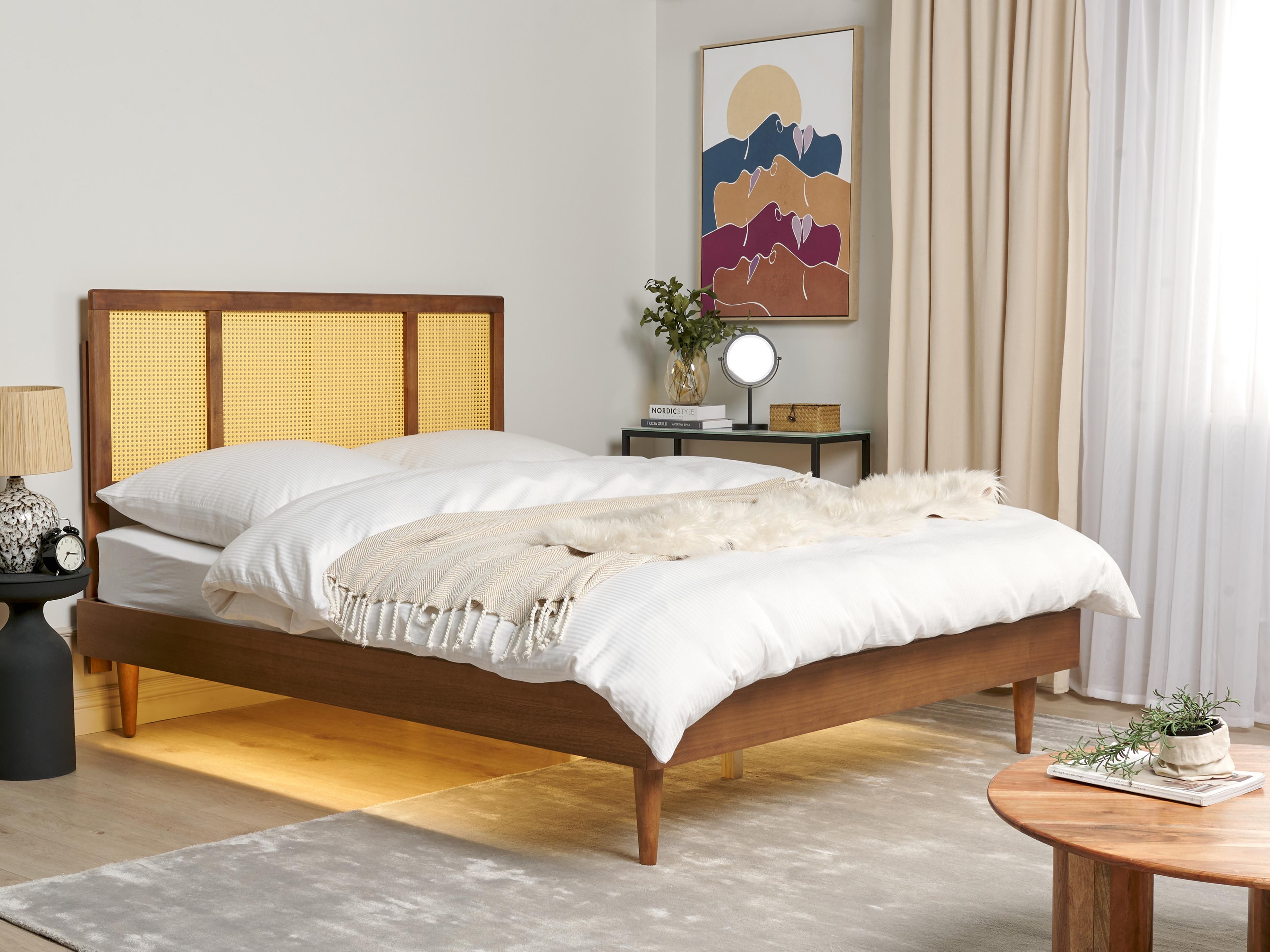 Bed with LED Rattan AURAY 160 x 200 cm (EU King Size) Brown