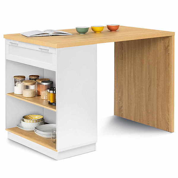 Ilot central mange debout 4 personnes VITO 130 cm blanc et plateau bois