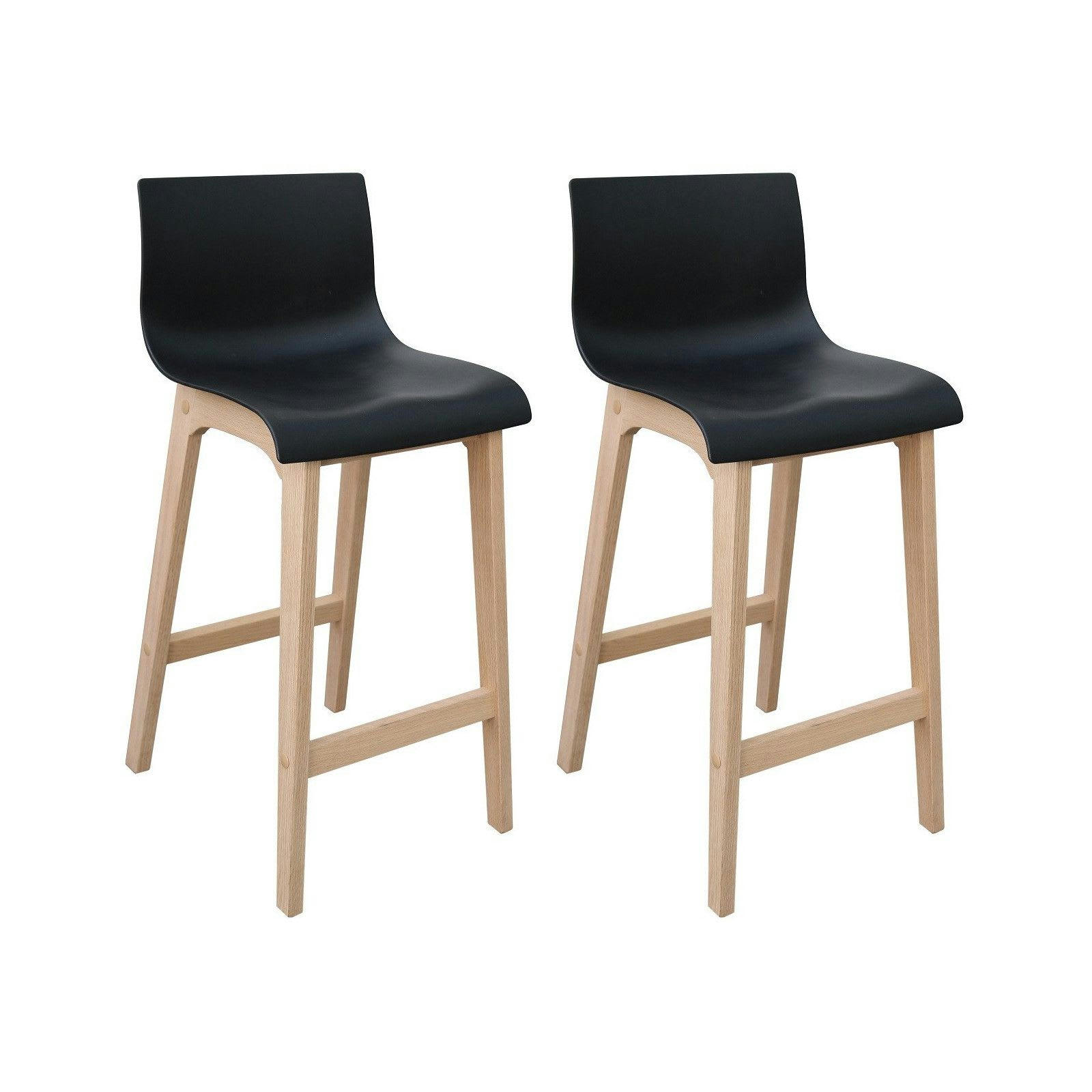 TANNA - Tabourets d'ilot 65 cm  pieds chêne assise plastique noire - Lot de 2