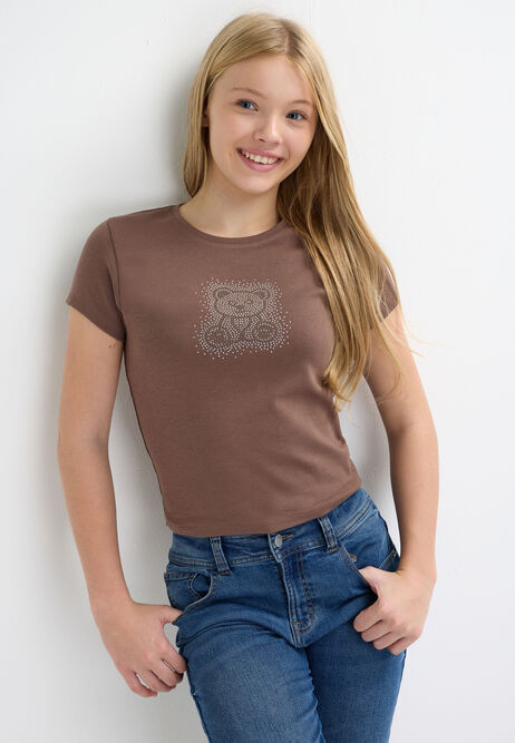 Older Girls Brown Heatseal Bear T-Shirt