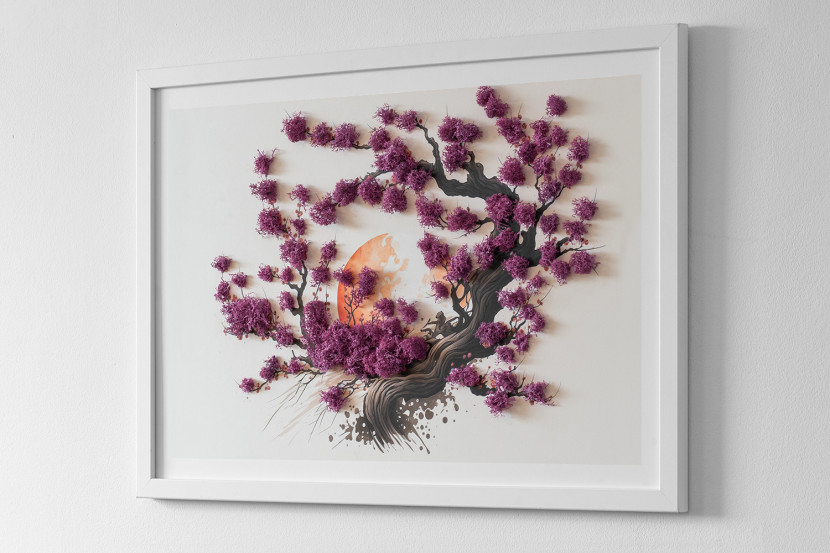 Obraz z mchem - Drzewo wiśni 60x40 cm Biała Rama