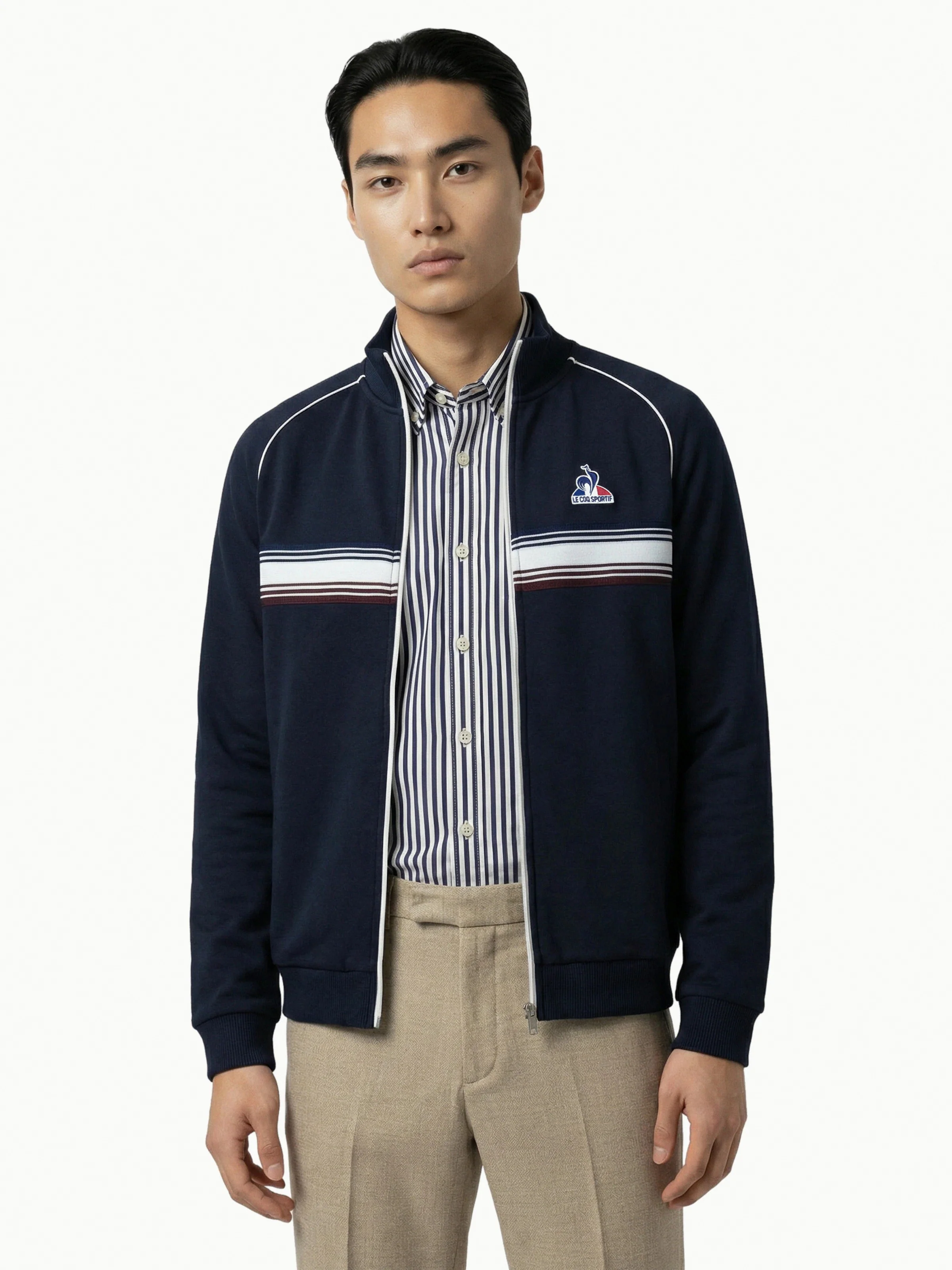 Veste zippée double face avec col montant et empiècement rayé