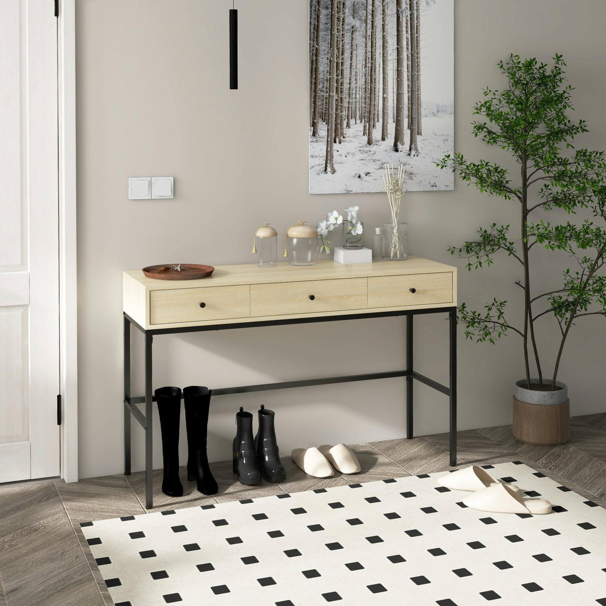 - Console style industriel 3 tiroirs acier noir aspect bois clair