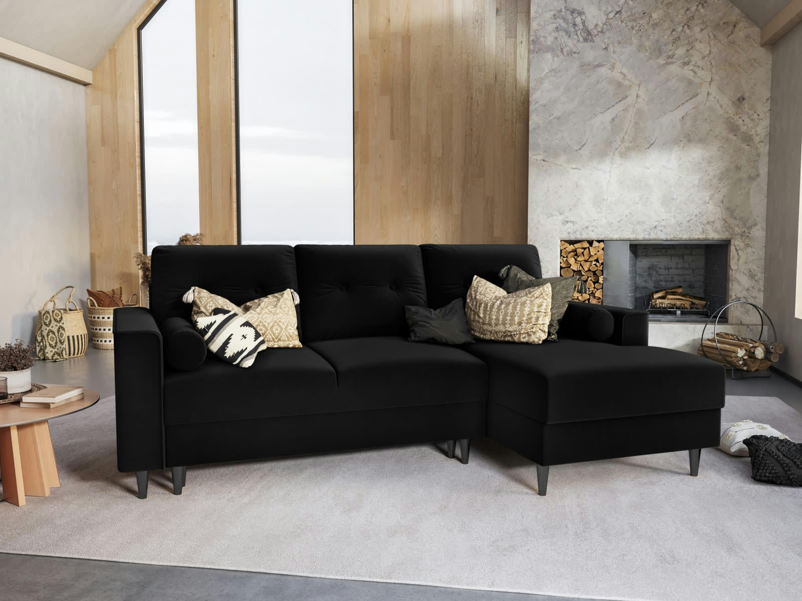 LEONA - Canapé d'angle 4 places en velours noir