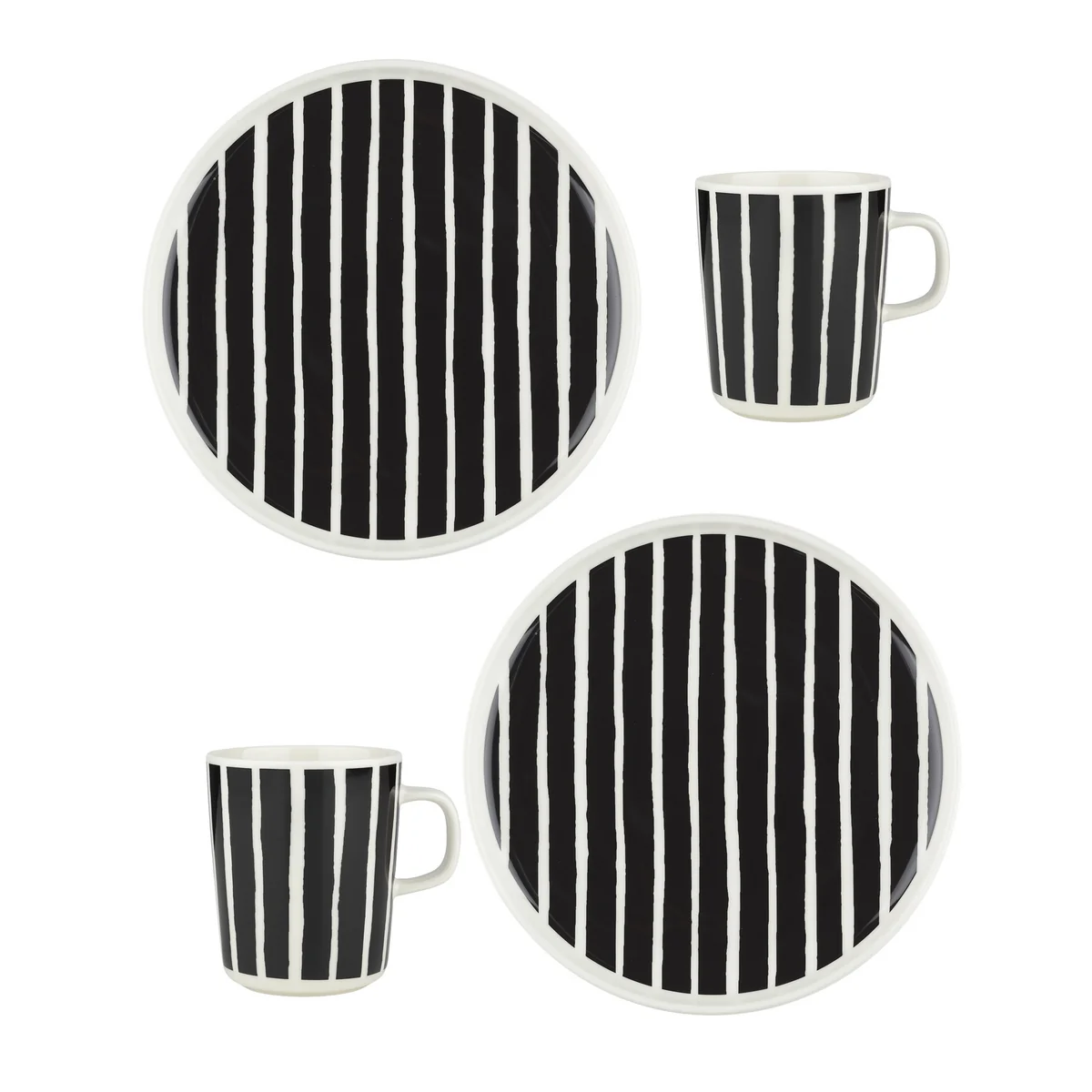 Marimekko - Oiva Piccolo Becher mit Henkel & Teller, weiß / schwarz (4er-Set)
