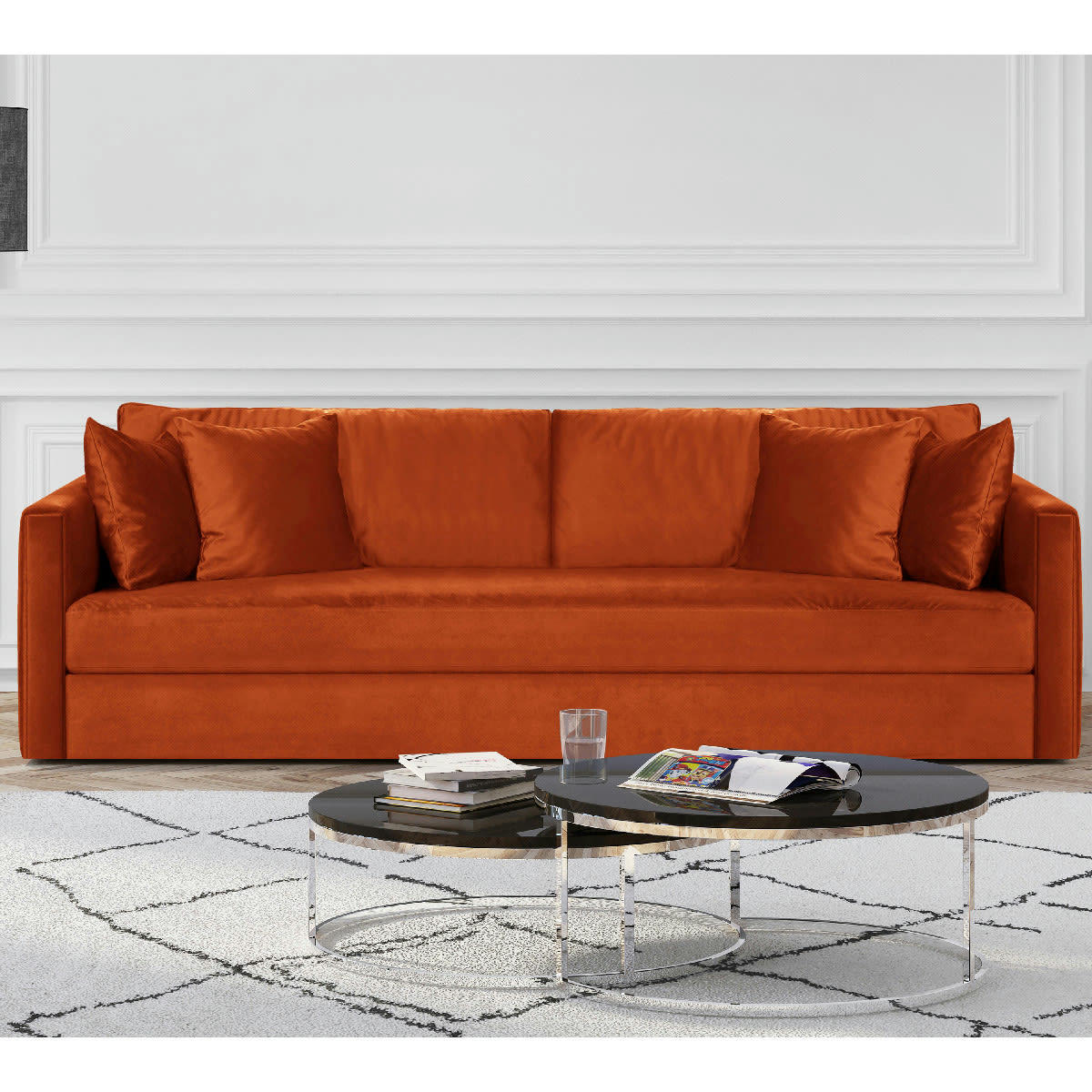 DENVER - Canapé 4 places en velours rouille + 4 coussins déco