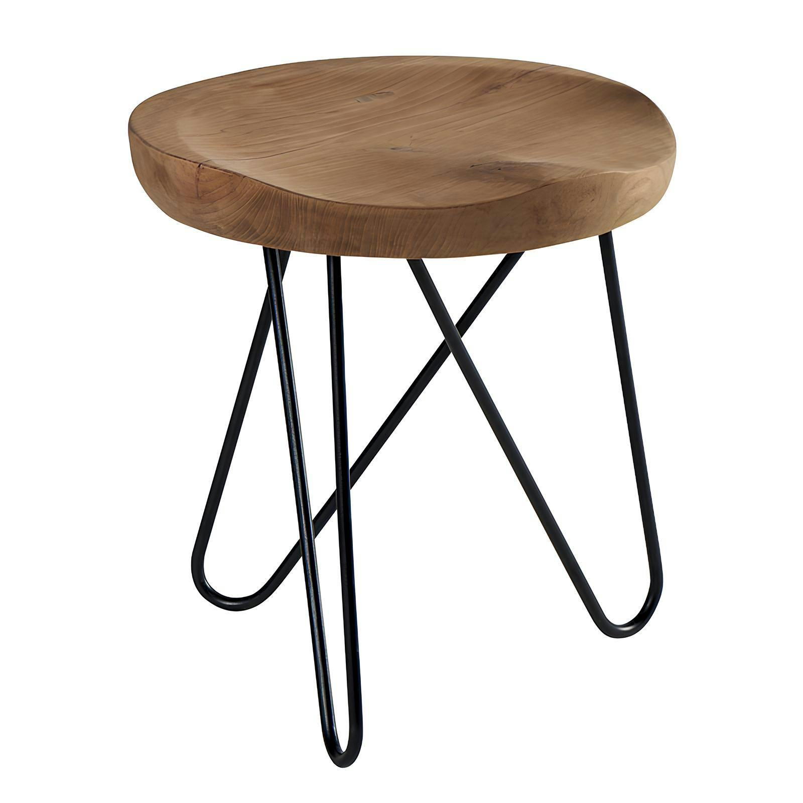 Tabouret en teck massif avec 3 pieds en épingle métal noir D40xH43cm TOWN