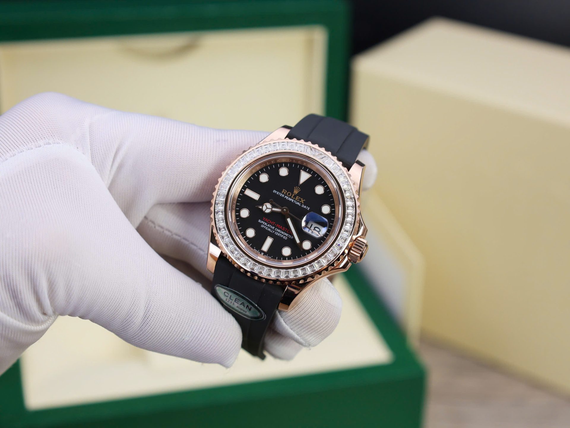 Rolex Yacht-Master RG Plated Black Dial Baguette Diamond 40mm Oysterflex Super Clone