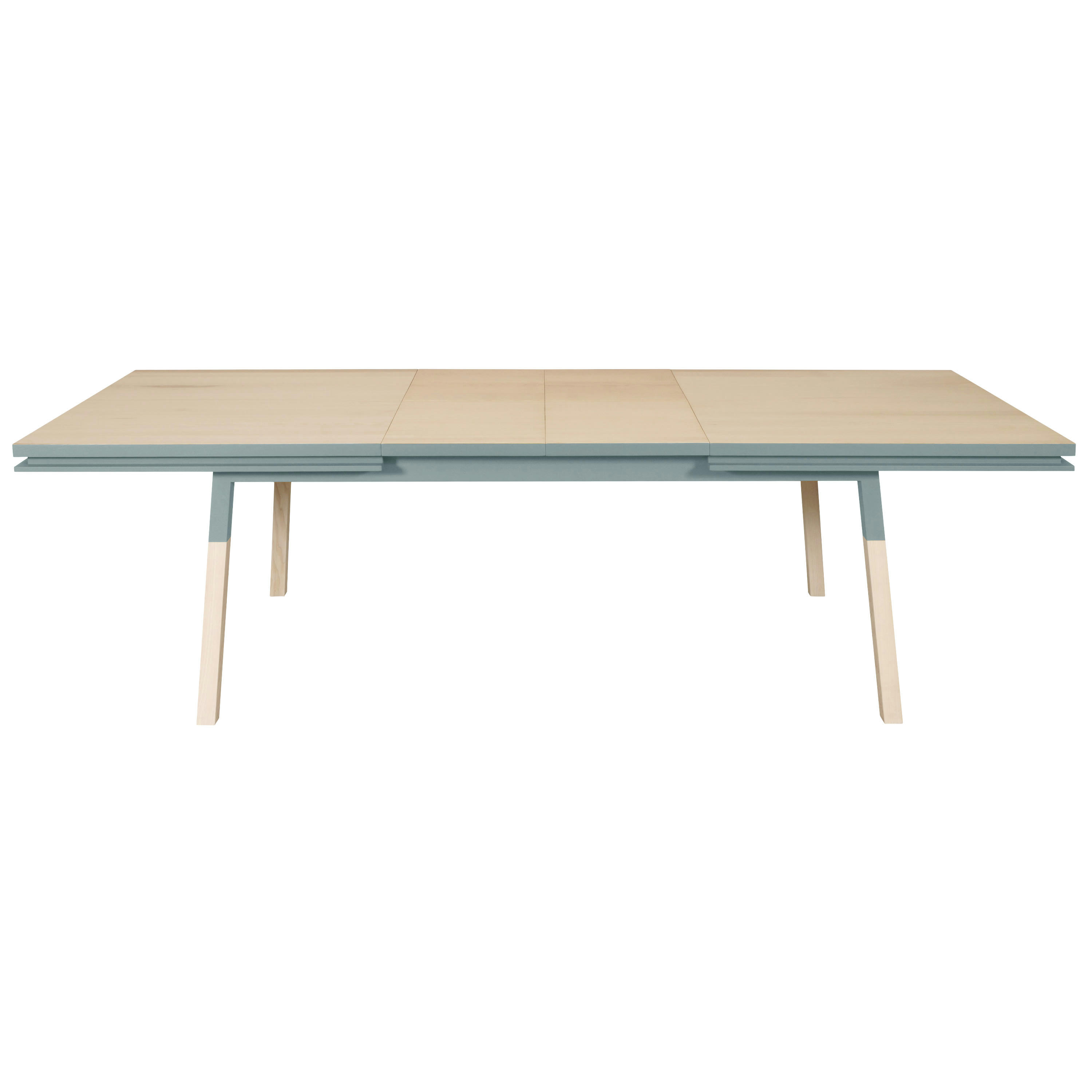EGEE - Table 200x100 cm en frêne massif, 2 rallonges bleu gris lehon
