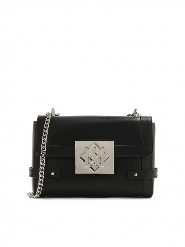 Black leather chain handbag with rigid construction