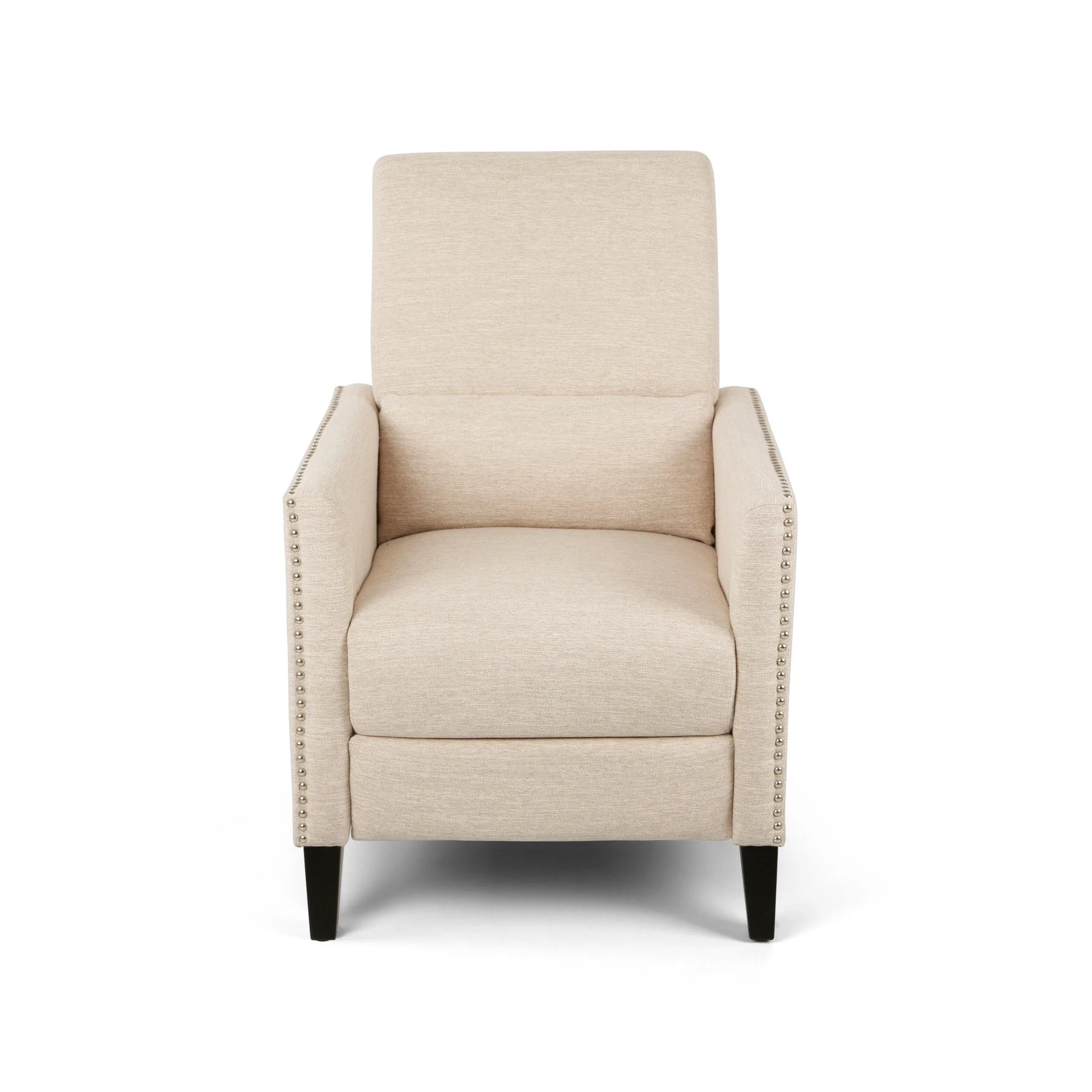 Beige Modern Fabric Push-Back Recliner with Footrest, Nailhead Accents, Birch Wood Legs