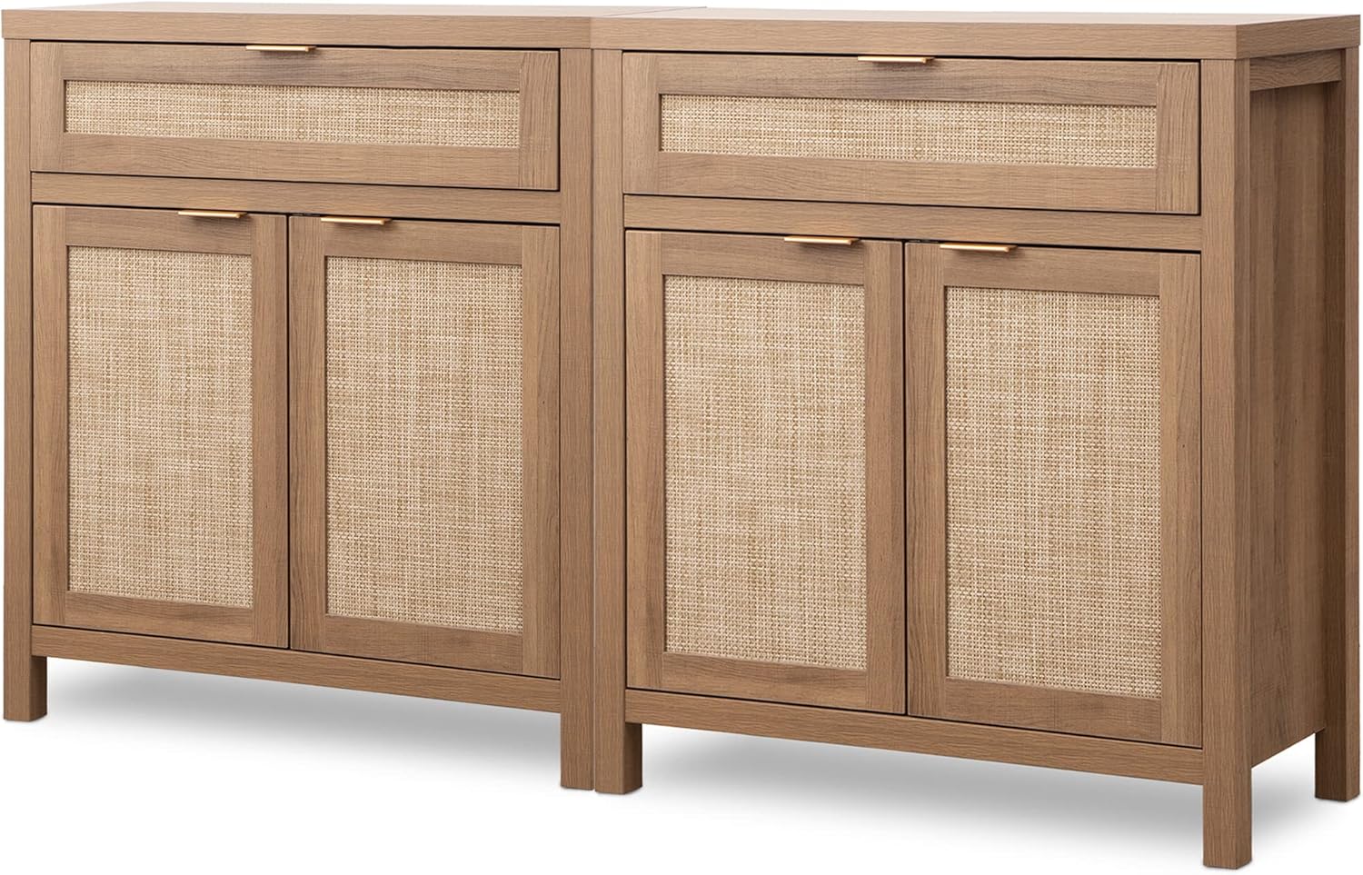 SICOTAS Sideboard Buffet Cabinet Set of 2, Rattan Credenza Storage Cabinet, Boho Buffet Table Console Cabinets with Drawer, Farmhouse Coffee Bar for Entryway Living Room, Natural Oak