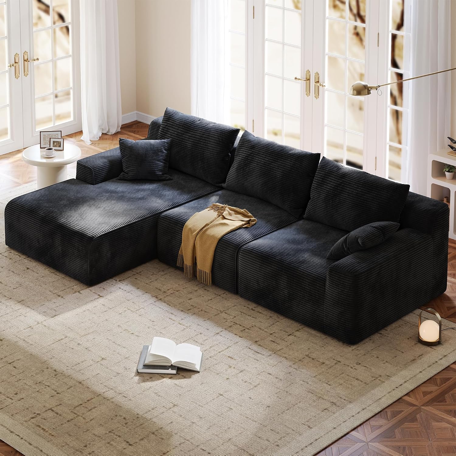 97 L-Shaped Cloud Boneless Couch with Deep Seat, Modular Sectional Sofa with Chaise, Flexible Module Combination for Living Room, Bedroom, No Assembly (Black, Left Facing Chaise)
