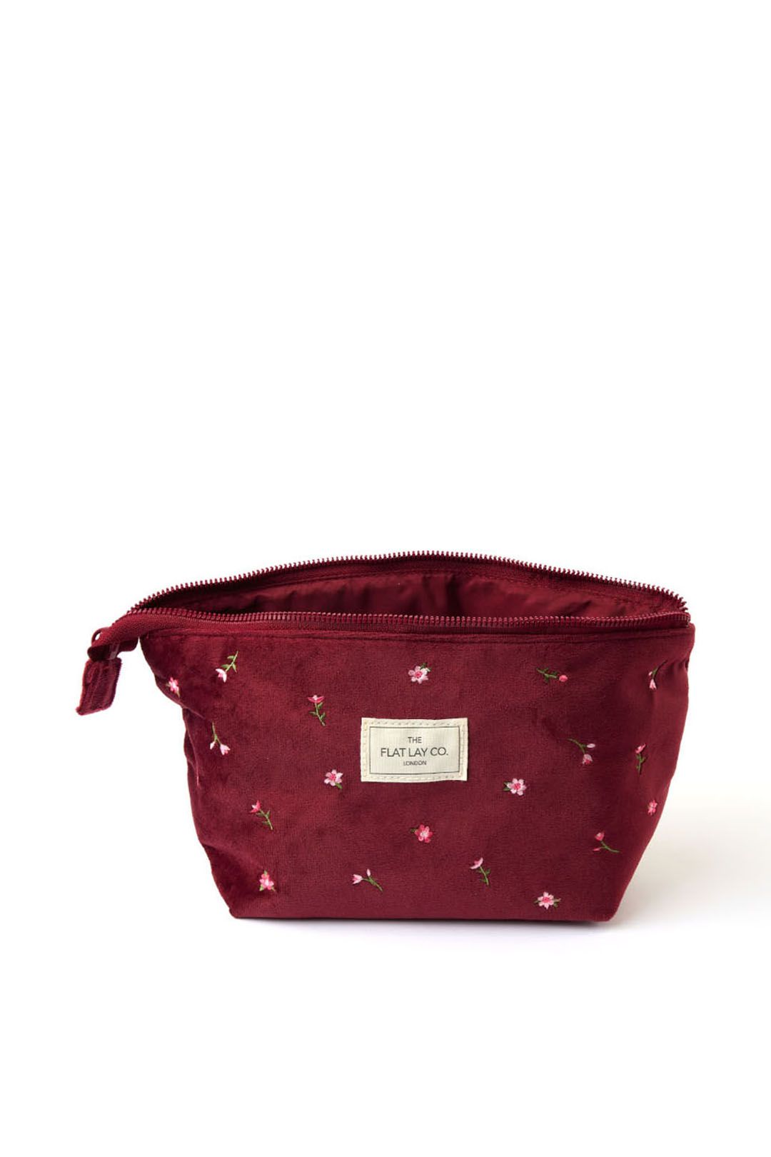 The Flat Lay Co Essential Makeup Pouch - Ditsy Roses & Flowers Burgundy Embroidered Velvet