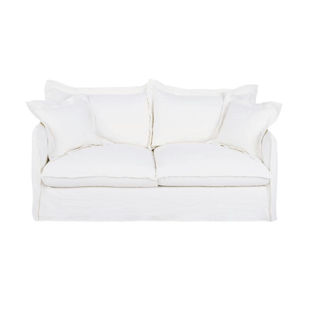 Barcelone - Canapé convertible 3/4 places en lin supérieur blanc, matelas 14 cm