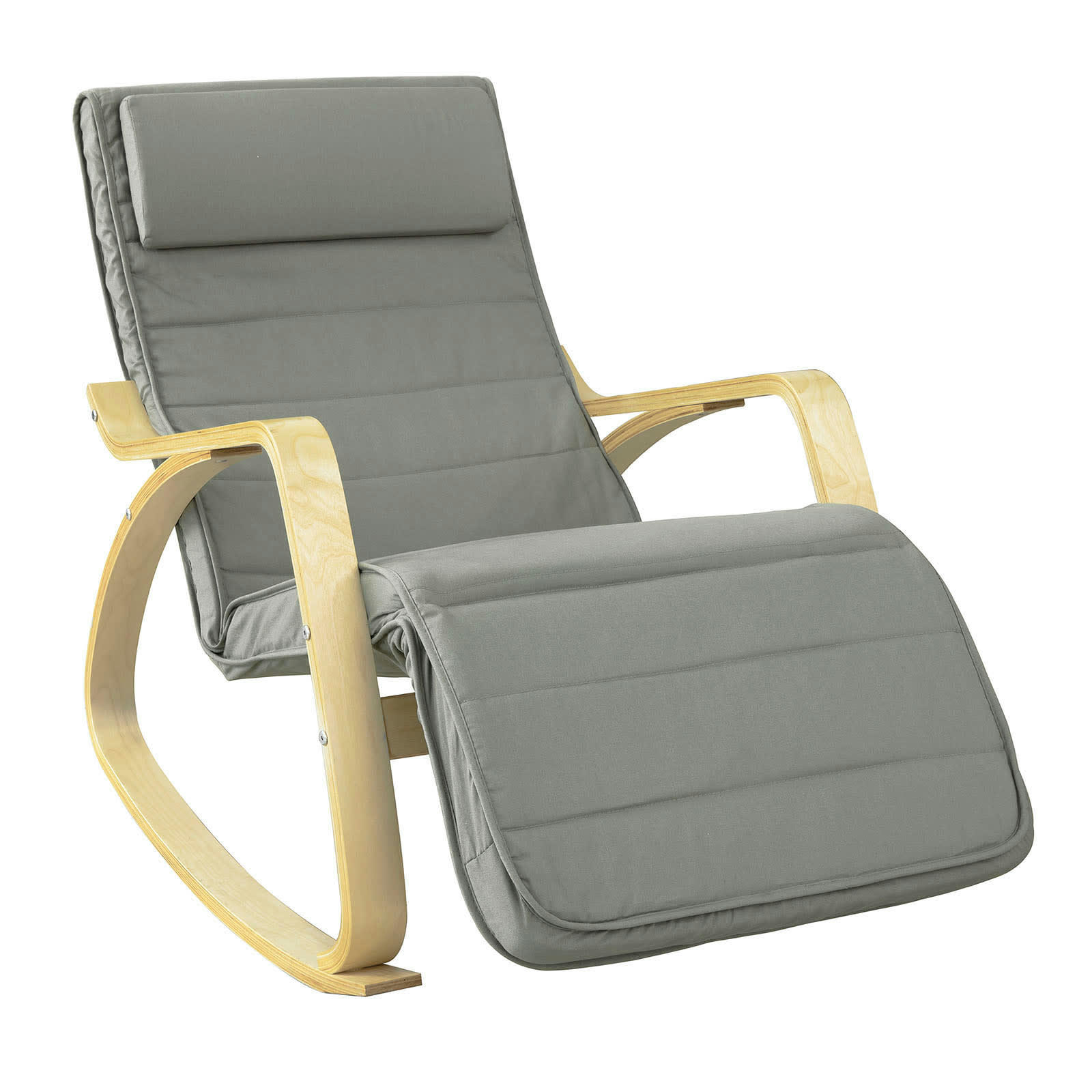 - Fauteuil à bascule avec repose-pieds réglable en bois et coton gris