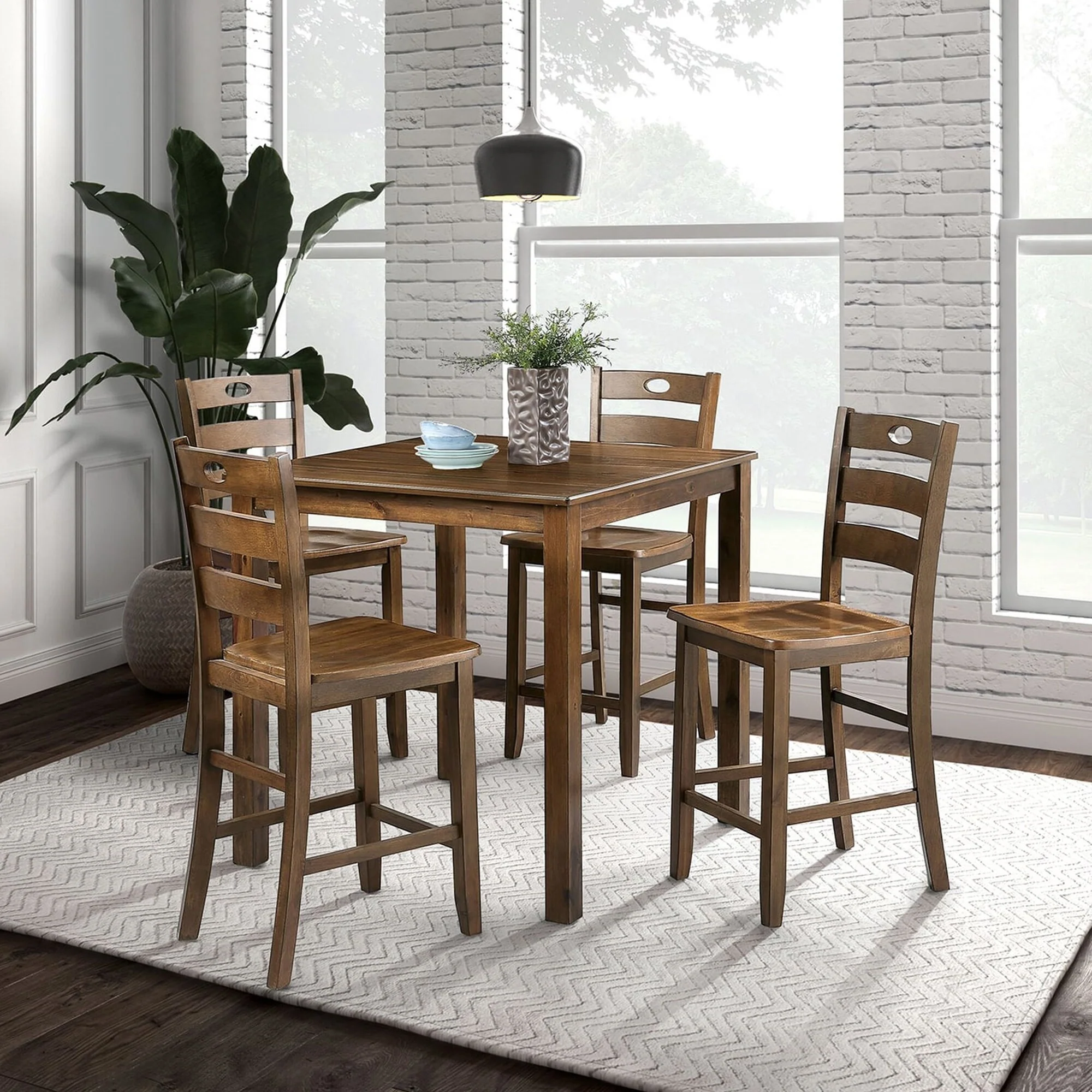 Country Cottage Walnut Solid Wood Dining Table and 4 Bar Stools Set