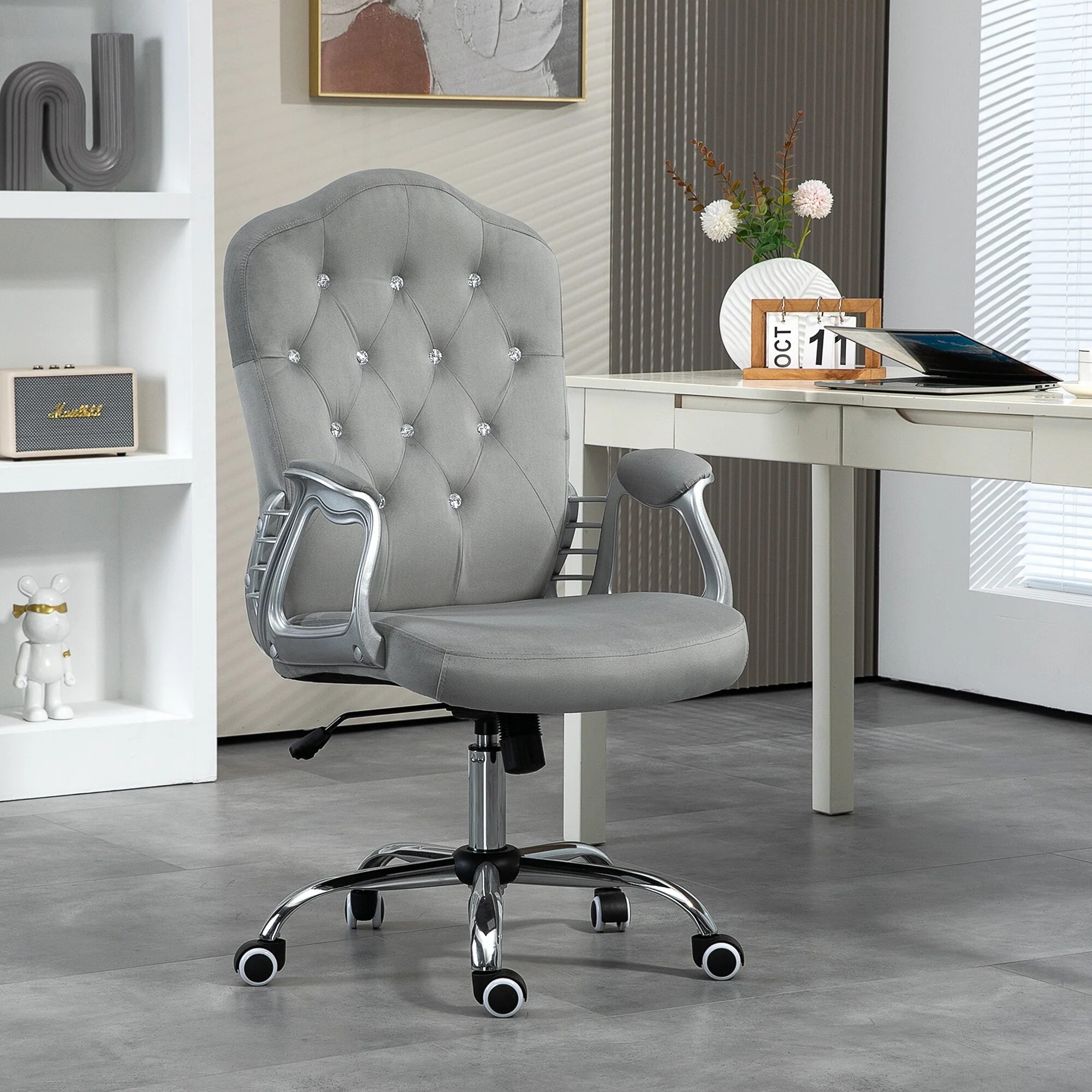 Vinsetto Velvet Office Chair - Button Tufted Adjustable Swivel Desk Chair with Wheels, Light Gray