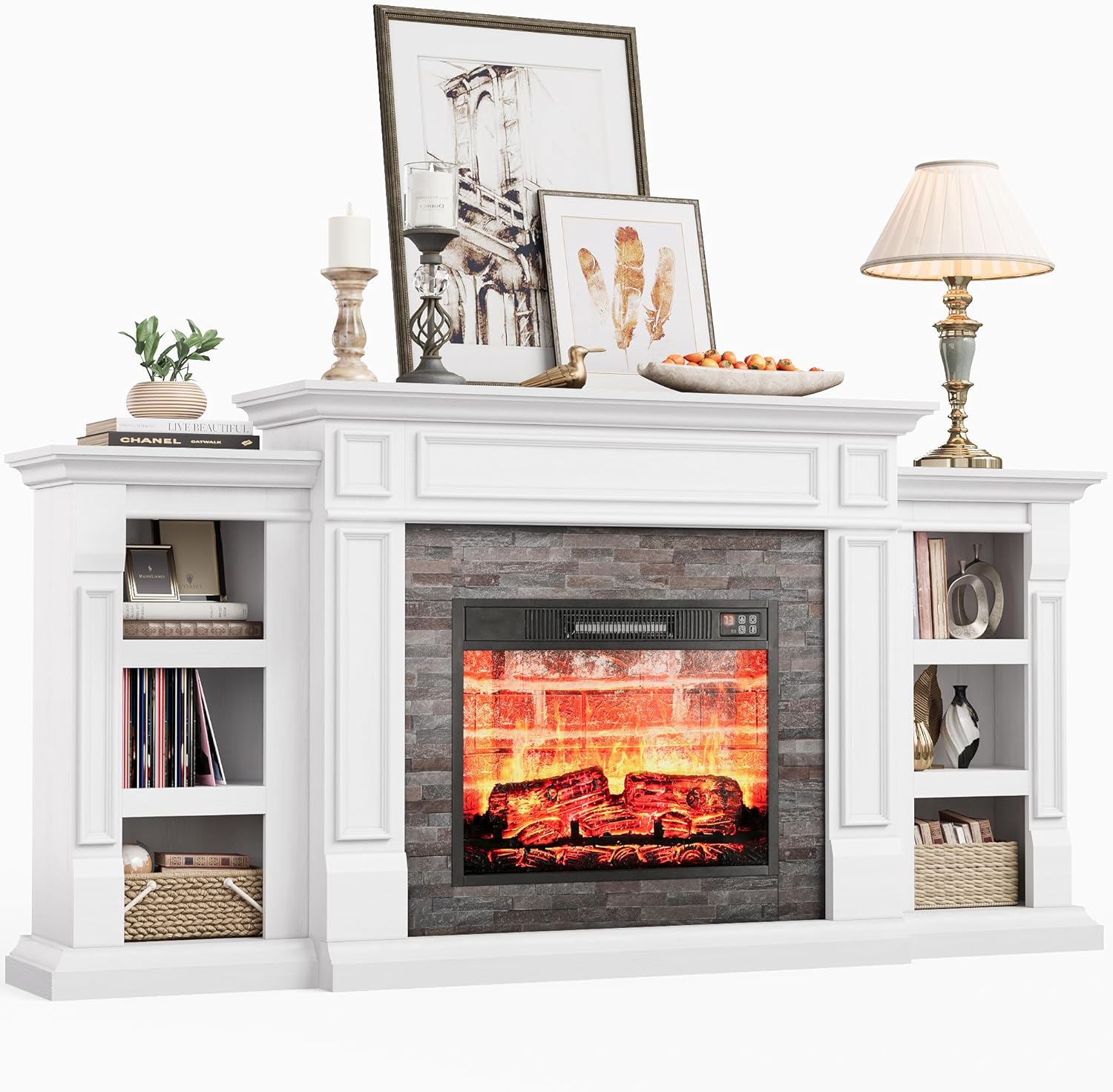 LGHM 72 Electric Fireplace with Mantel, Fireplace TV Stand for TVs Up to 80 Inch, Modern Entertainment Center with Storage, Fireplace Heater Insert with Realistic 3D Flame for Living Room