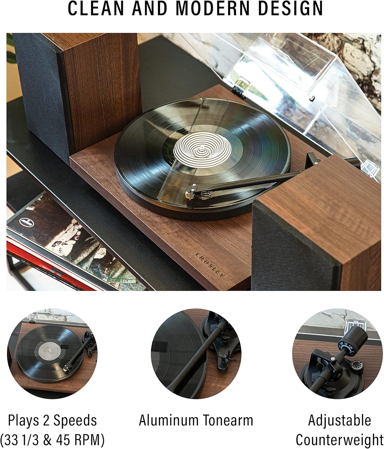 Crosley C62C Turntable HiFi System Record Player with Speakers  Adjustable Tonearm  Moving Magnet Cartridge  Bluetooth Receiver  40W Per Channel  and Anti-Skate  Walnut