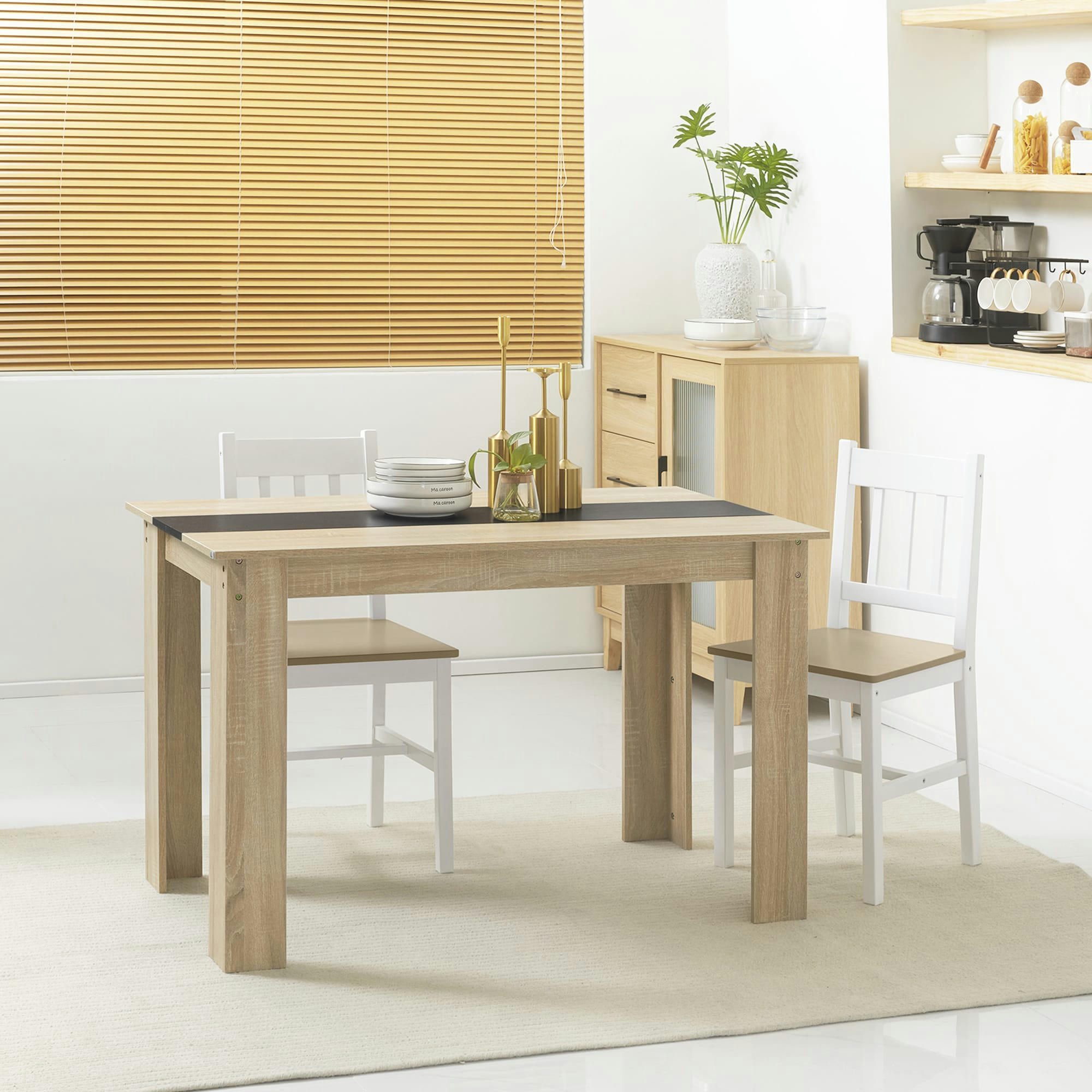 - Table à manger grand plateau 4-6 personnes - noir aspect chêne clair