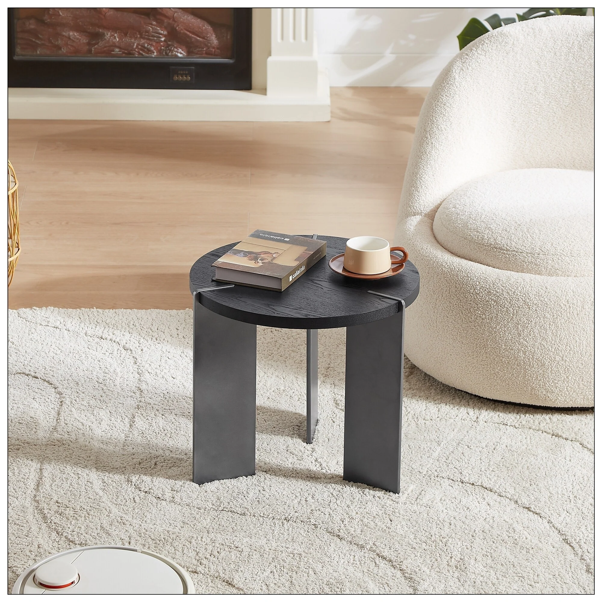 Round Coffee Table Black Oak Wood Surface and Black Metel Feet