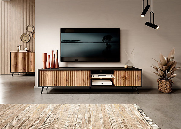 Meuble TV 175 cm avec LED noir et chene Wotan facades a lamelles BELLO