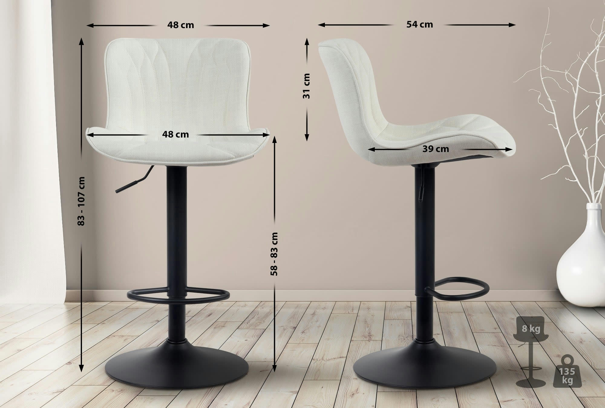 LINUS - Tabouret de bar ajustable pivotant tissu Crème