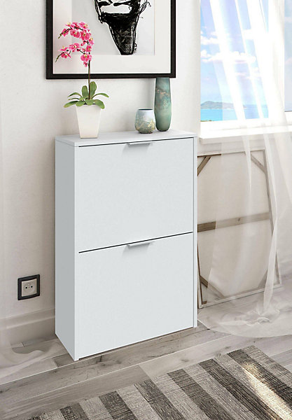 Meuble chaussures Dmoretto, Meuble chaussures peu encombrante avec 2 portes, Armoire à chaussures, 50x22h76 cm, Blanc