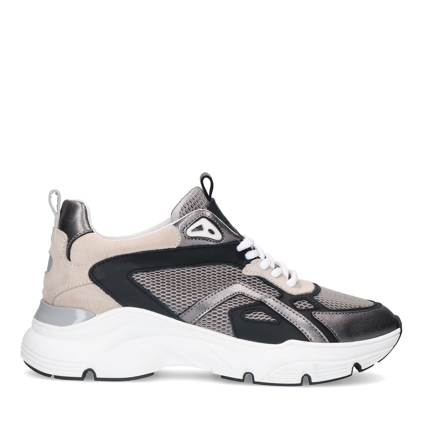 Manfield Zilverkleurige leren sneakers met mesh details