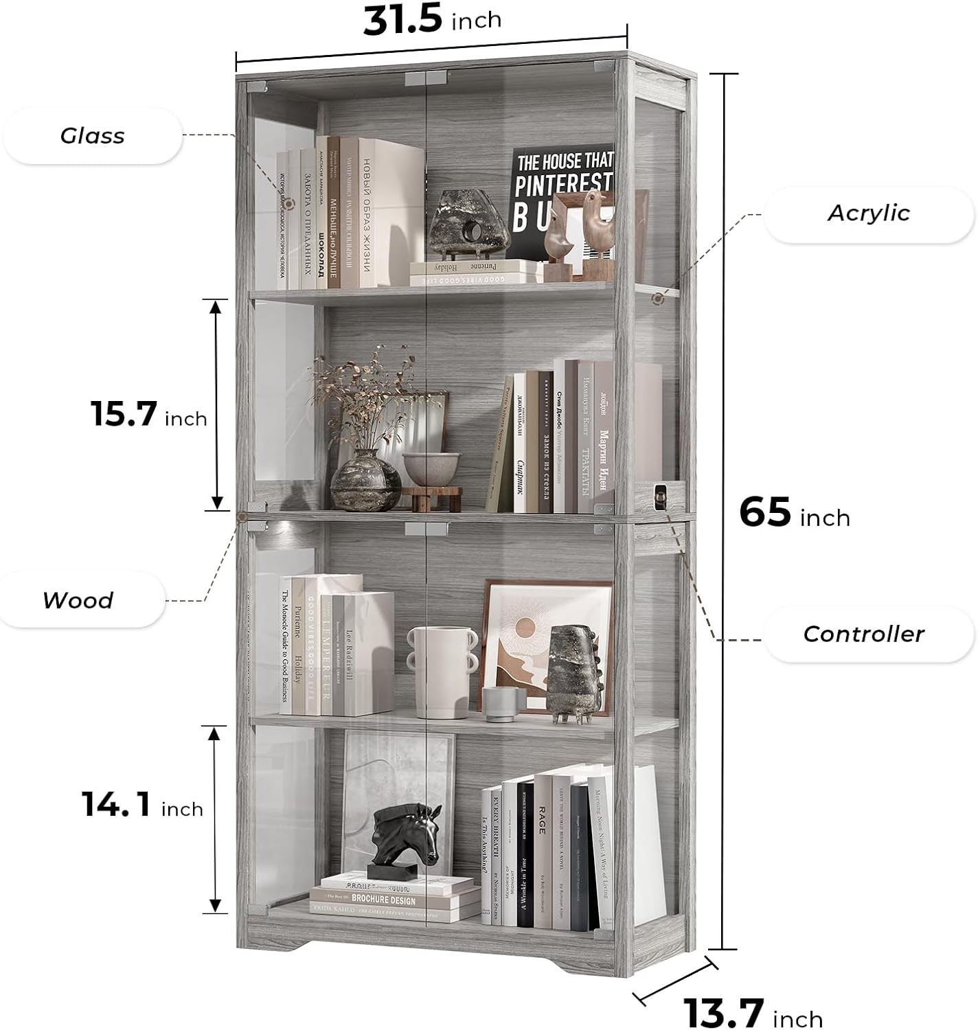 BROTTAR Display Cabinet with Glass Doors, 4-Tier Curio Cabinet with 3 Color Lights for Collectibles, Glass Display Case with Human Body Sensor, Bookcase with 4 Shelves, Storage Cabinets, Gray