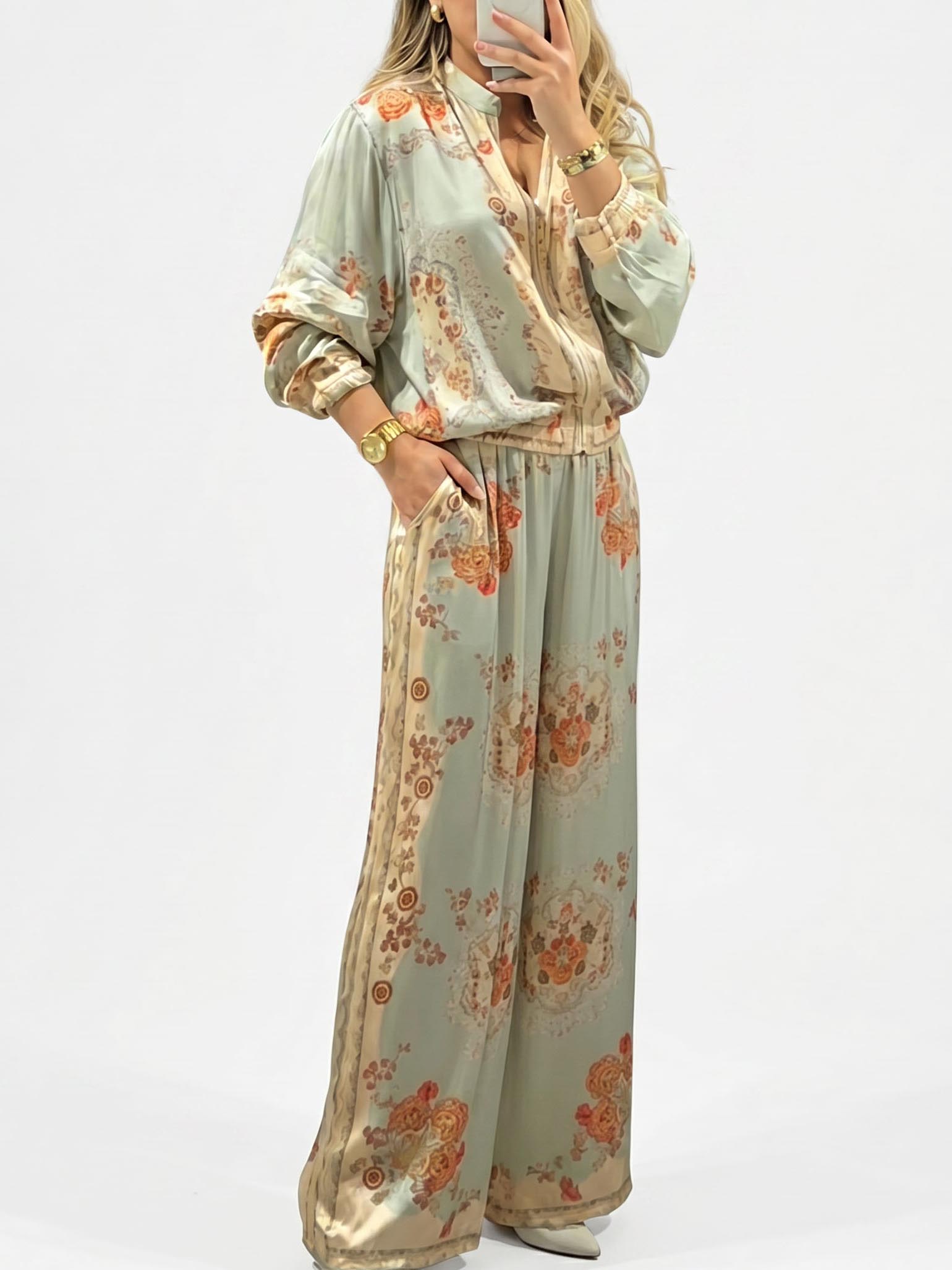 Retro Paisley Print Wide-Leg Pants