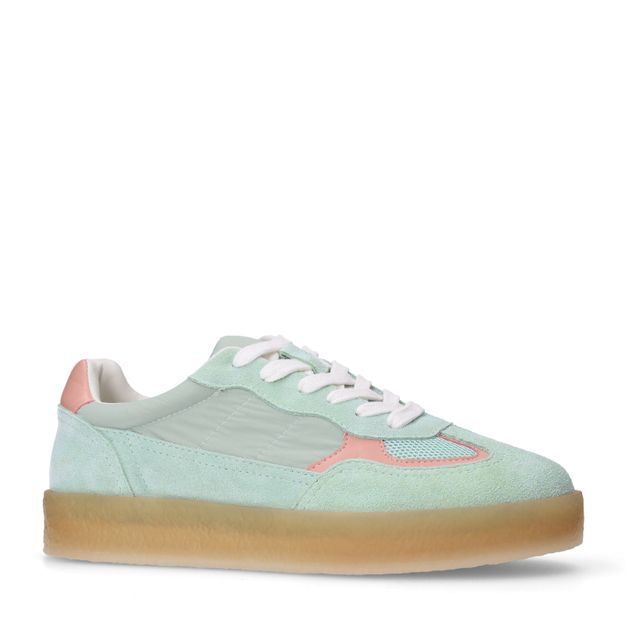 Groene suède sneakers met lichtroze details