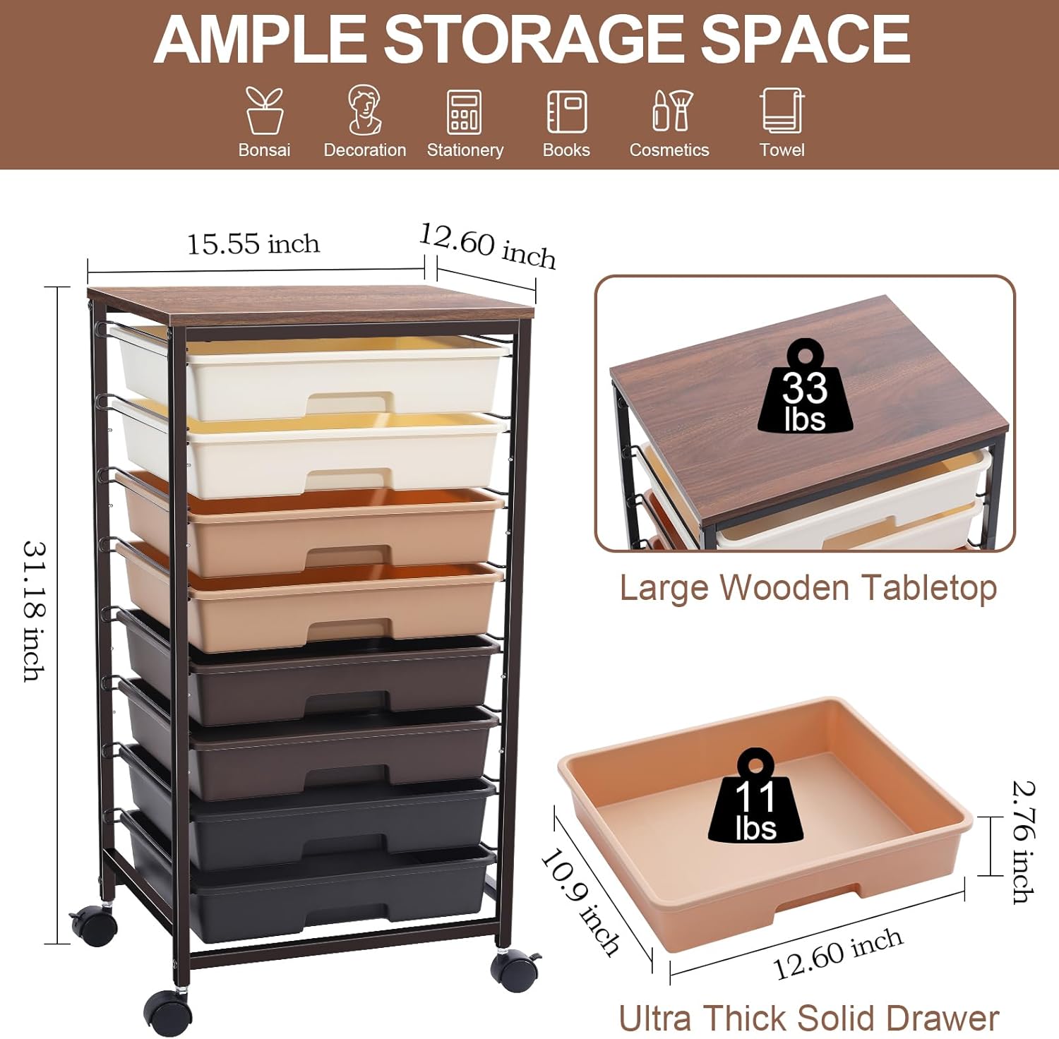 SYKIARIOL Rolling Storage Cart with Drawers, Rolling Drawer Cart and Wooden Tabletop,Storage Drawer Cart for Living Room,Classroom,Bedroom,Bathroom,Dorm,Office,Brown Gradient