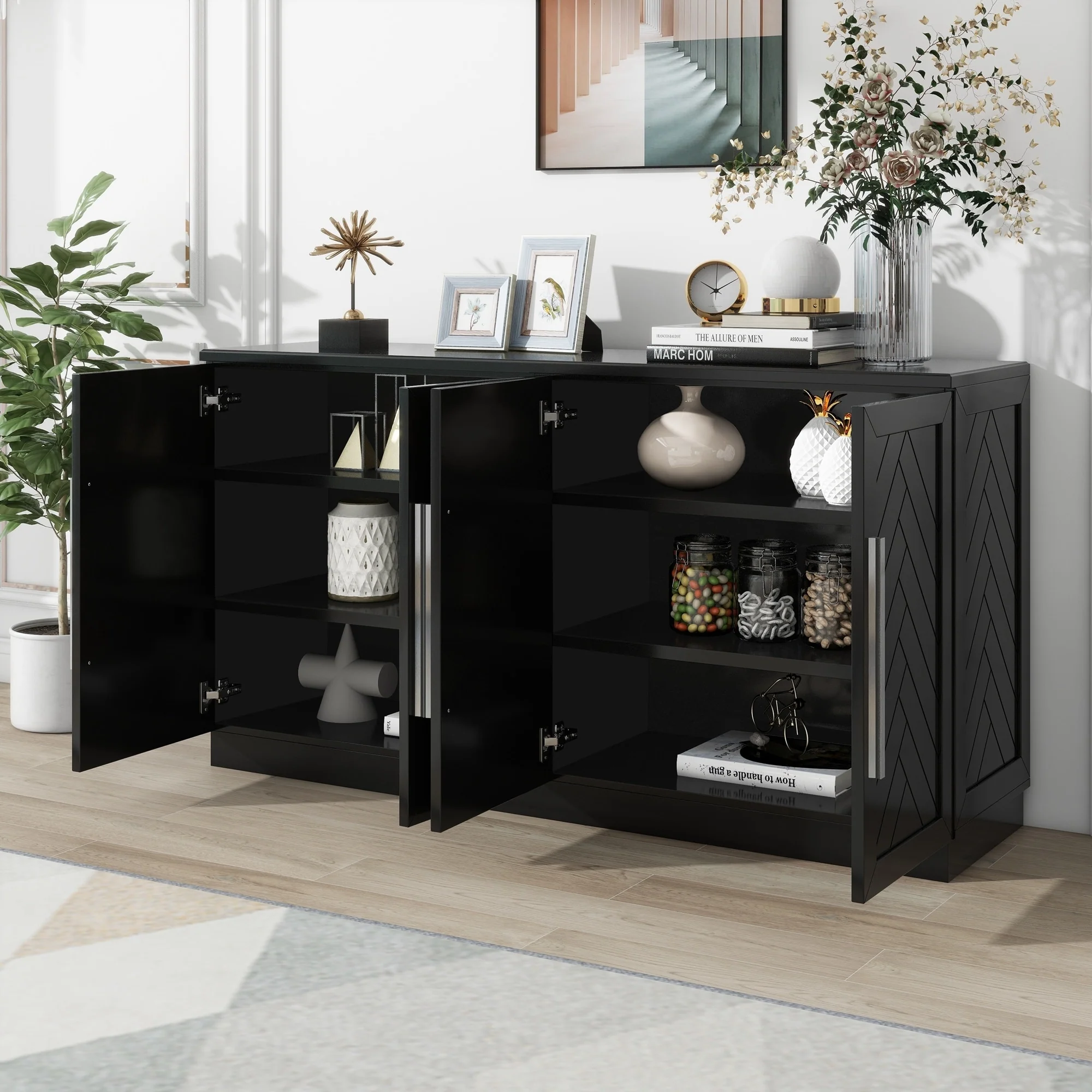 Modern 4-Door Sideboard with Adjustable Shelves and Silver Handles for Kitchen, Dining Room, Living Room
